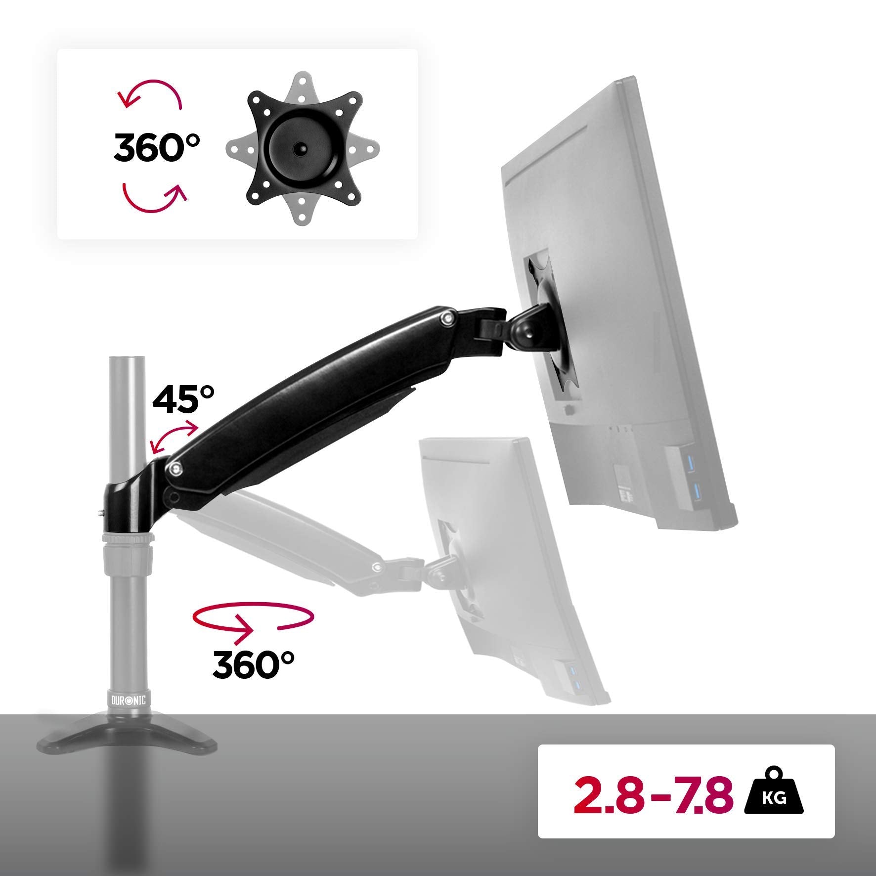 Duronic Monitor Stand Spare Arm DML5S1 - DM55 Full Arm & VESA Head | 360° Rotation & +85°/-90° Tilt | Compatible with All Duronic Desk Mount Poles | Steel Construction | VESA 75/100 | Perfect for Home Office, Gaming & Workspace Setup