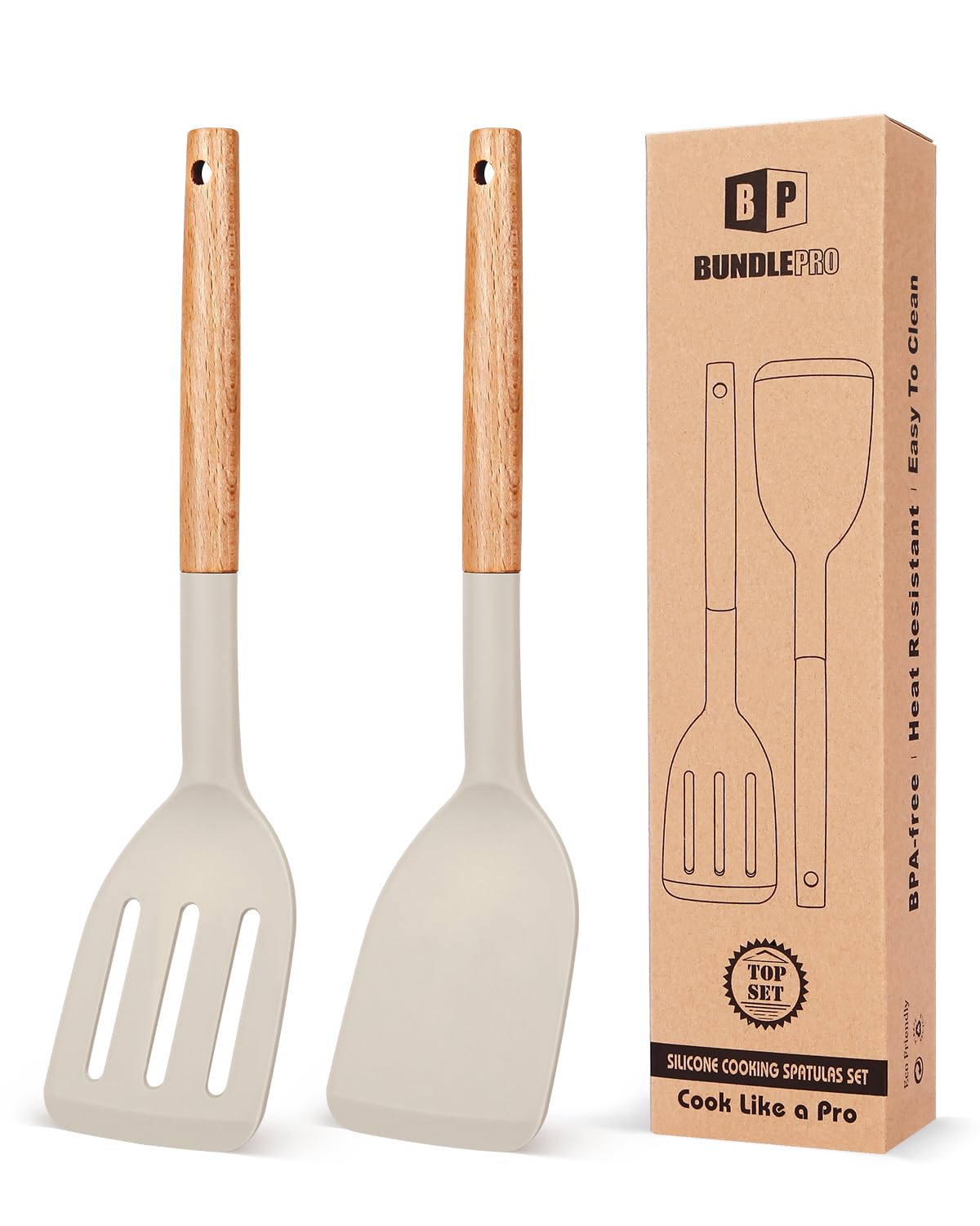 2-Pack Heat Resistant Silicone Cooking Spatulas with Wooden Handle - Non-Stick Solid & Slotted Turners for Frying, Baking, Flipping Pancakes & Eggs - Perfect Kitchen Utensils Set for Home Cooks & Professional Chefs