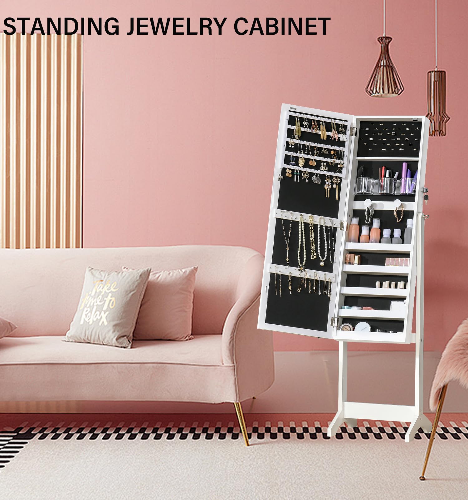 BOSTANA 6-LED Full Length Mirror Jewelry Cabinet with Touch Control & Adjustable Angles - White Jewelry Organizer Armoire with Storage | Perfect for Bedroom, Dressing Room & Closet Organization