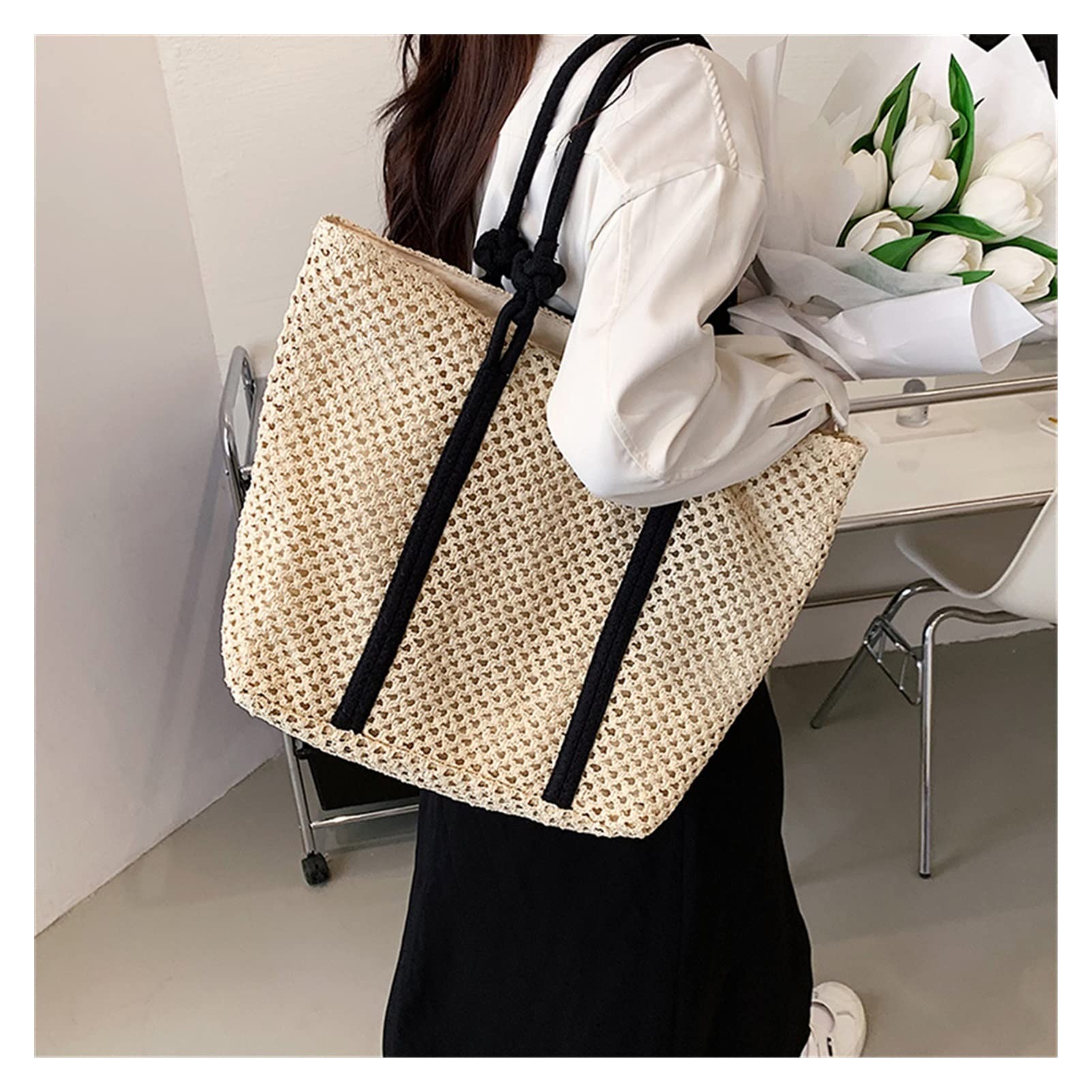 Stylish Rattan Woven Straw Tote Bag for Women - Handmade Beach Shoulder Bag, Casual Travel Shopper (47cm) - Perfect for Summer Outings, Vacations & Beach Trips