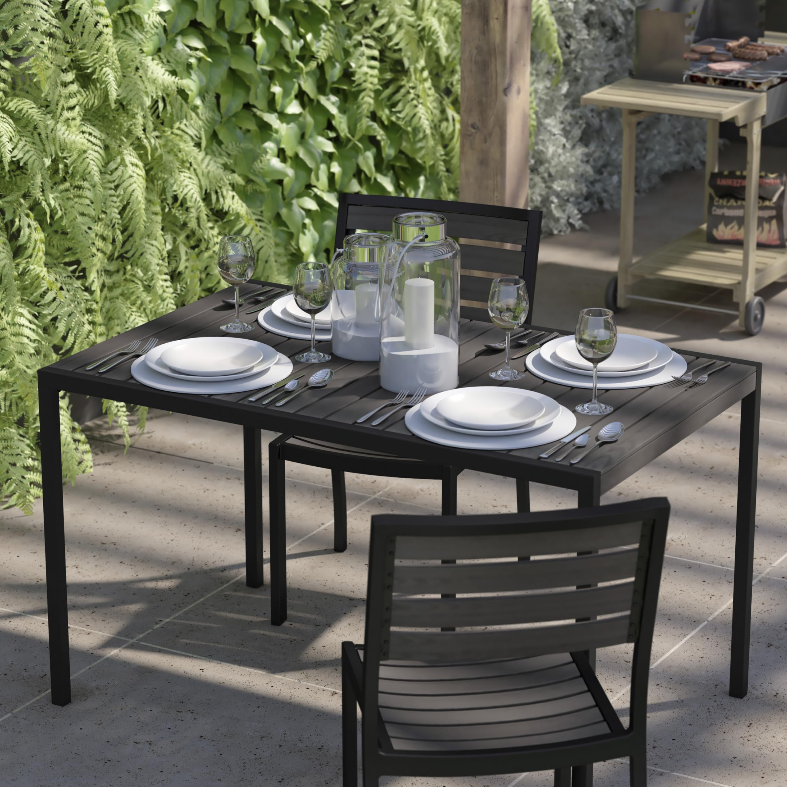 Flash Furniture Lark Commercial Outdoor Steel Dining Table with Umbrella Hole - Gray Wash Faux Teak Poly Slatted Top - Black Frame - 30x48 Inch - Seats 4 Adults - Perfect for Patio, Backyard, Restaurant Outdoor Dining
