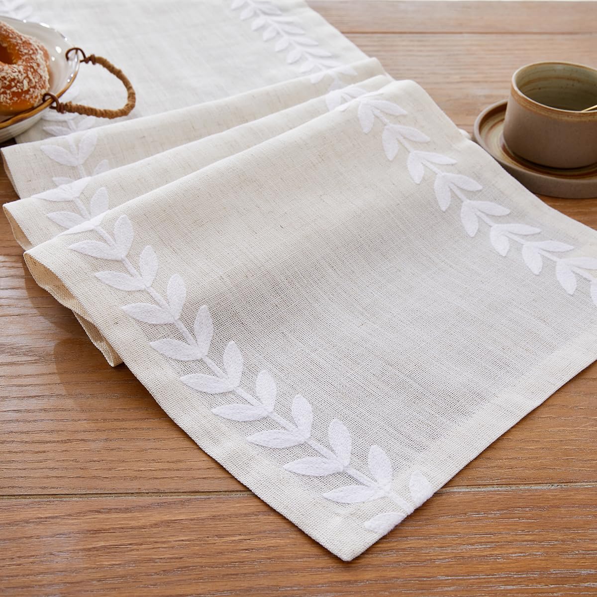 Wracra Embroidered Table Runner - 14 x 72 Inch Irregular Willow Leaf Design, White Linen Dining Table Decor for Home, Wedding & Holiday Parties - Perfect for Dressers, Buffets & Formal Dining Tables