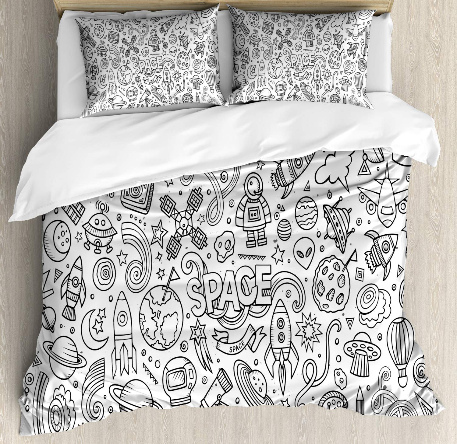 Ambesonne Cartoon Duvet Cover Set - Sketch Abstract Planets Doodle Drawing Style 3-Piece Bedding Set with 2 Pillow Shams, Queen Size, White & Black | Perfect for Kids' Rooms, Teen Bedrooms & Space-Themed Decor