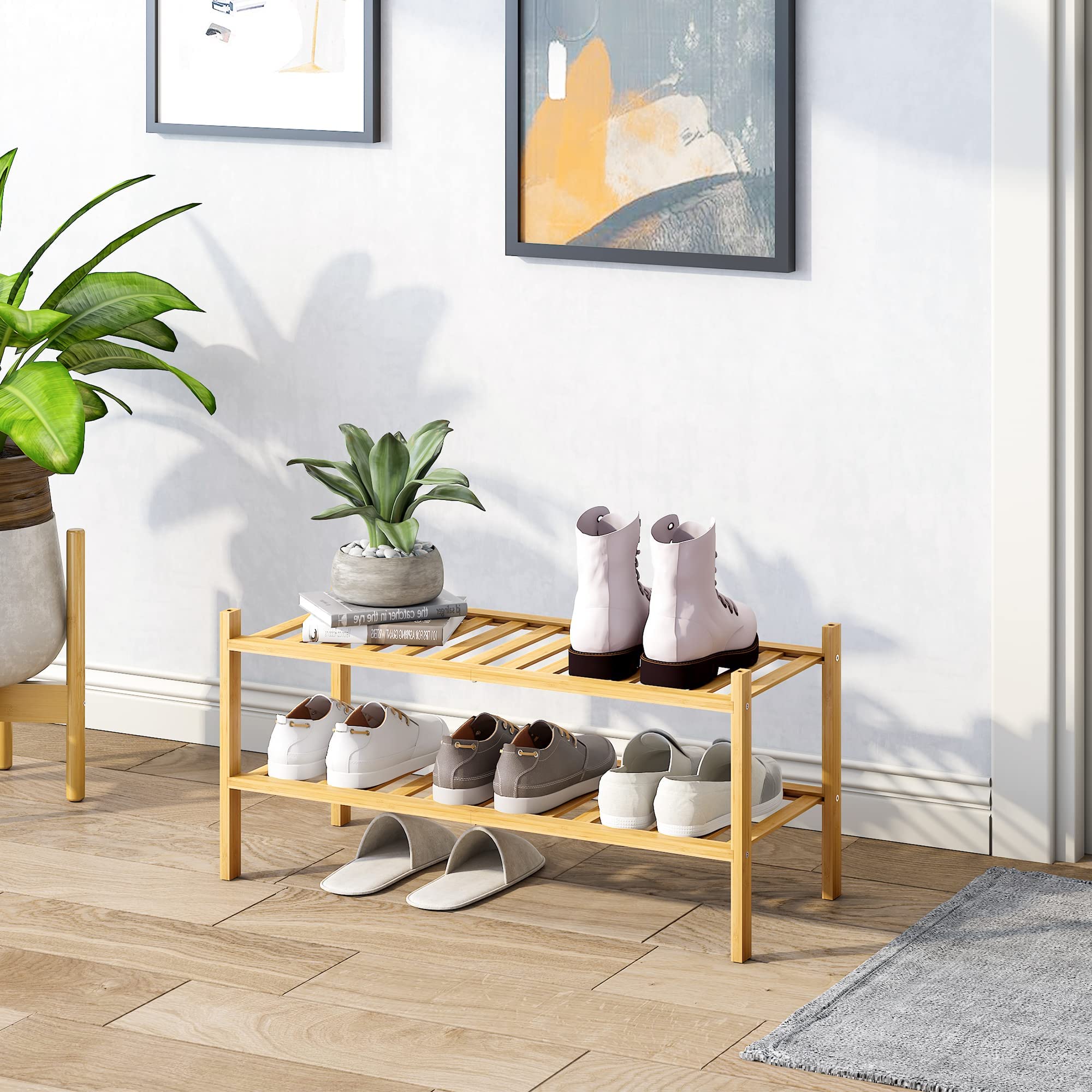 BMOSU 2-Tier Stackable Bamboo Shoe Rack - Premium Shoe Storage Organizer for Hallway, Closet & Entryway - Space Saving Shoe Shelf for Living Room, Bedroom & Dorm - Natural Bamboo (Perfect for Small Spaces & Apartment Organization)