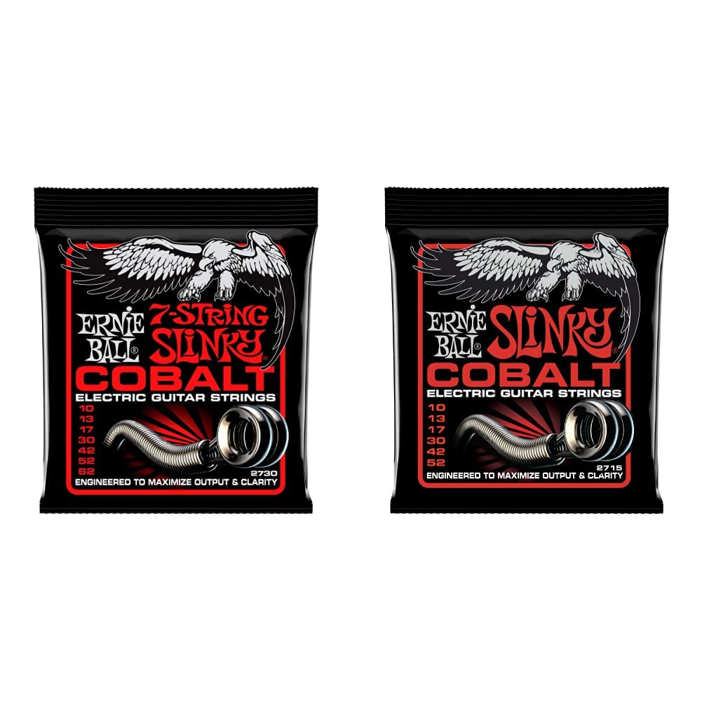 Ernie Ball 7-String Skinny Top Heavy Bottom Slinky Cobalt Electric Guitar Strings - 10-62 Gauge (P02730) & 10-52 Gauge (P02715) - High-Performance Strings for Rock, Metal, and Shredding Guitarists