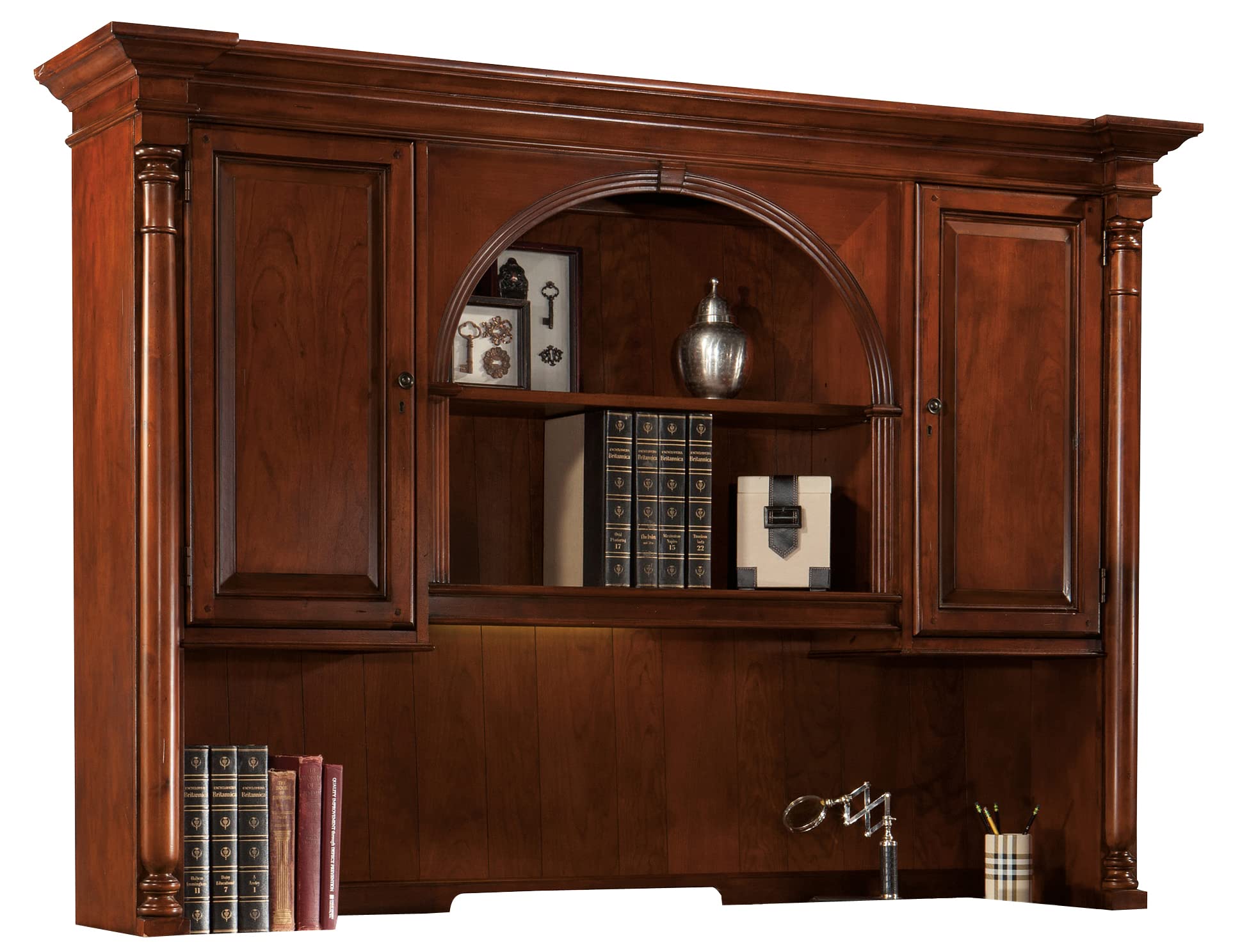 Hekman Weathered Cherry Executive Desk Hutch with Illuminated Bookcase - Solid Wood & Cherry Veneer Office Furniture for Mid Century Modern Home Office Decor | Perfect for Professional Workspaces & Home Libraries