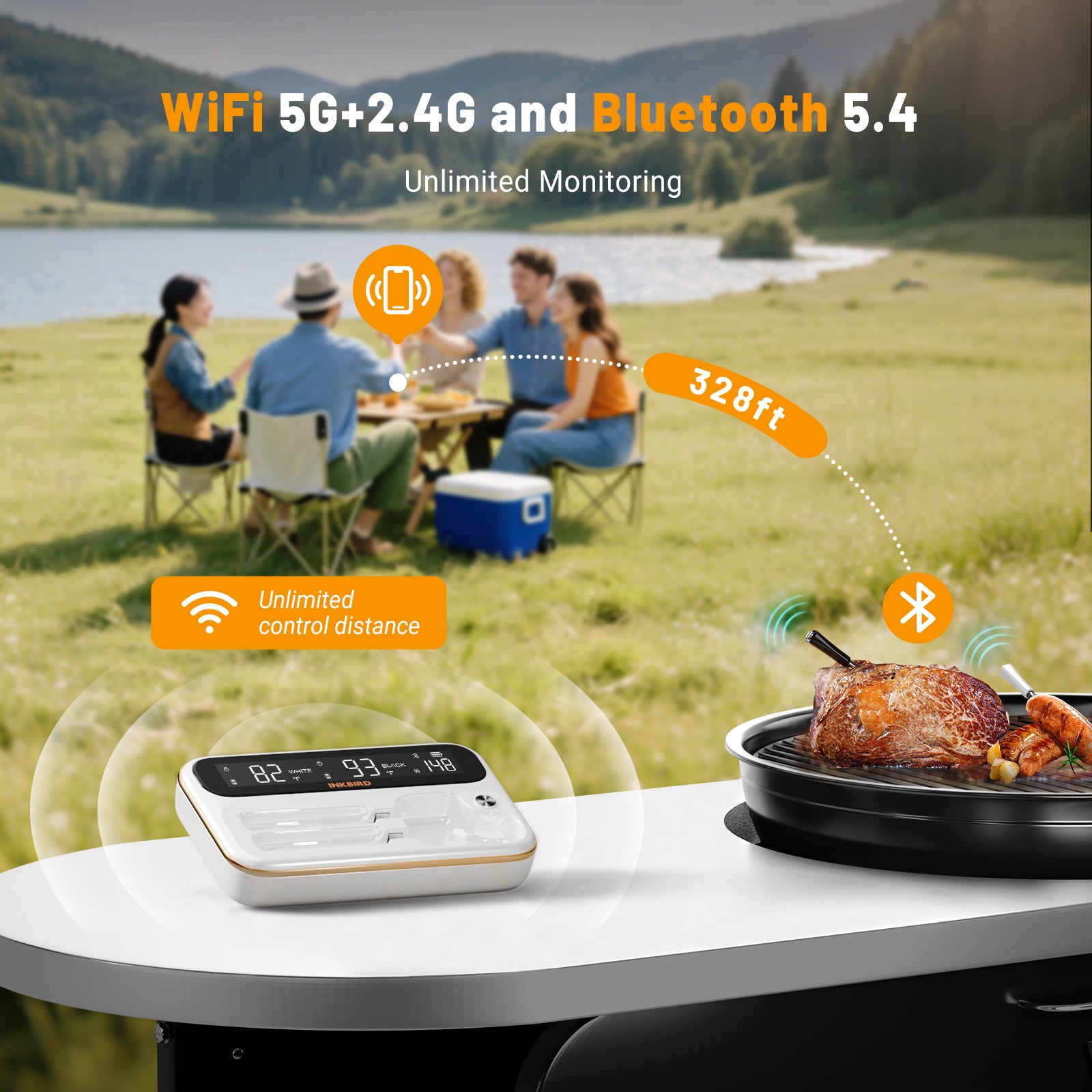 Wireless Meat Thermometer with WiFi & Bluetooth - INT 12 BW Digital Cooking Thermometer for Grilling, Smoking, Baking & BBQ - Perfect for Home Chefs & Outdoor Cooking