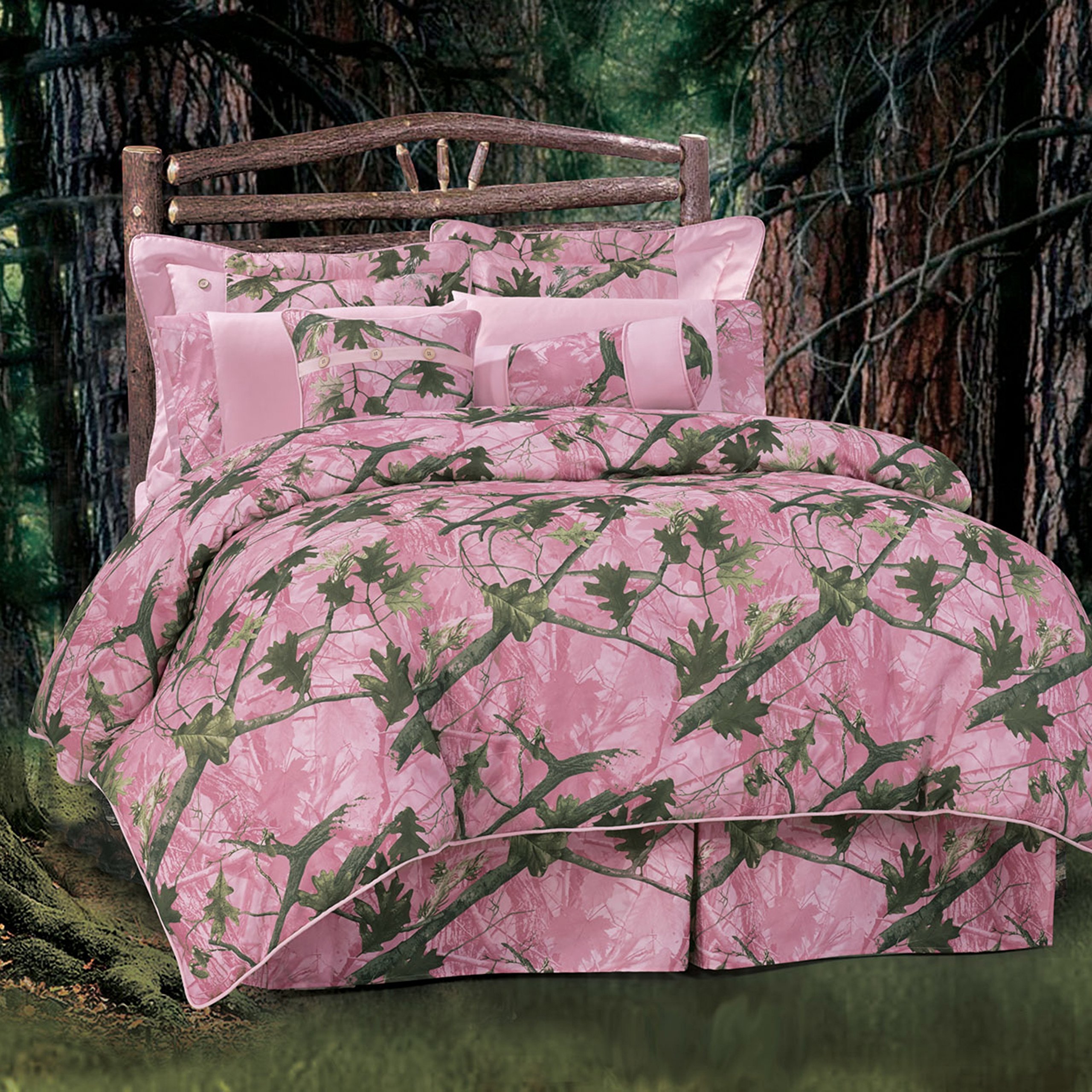 HiEnd Accents Camo Rustic 7-Piece Full Comforter Set - Pink Leafy Oak Camouflage Western Bedding for Cabin & Lodge Decor | Includes Comforter, Bed Skirt, Shams & Accent Pillows | Perfect for Rustic Bedrooms, Hunting Cabins & Country Style Homes