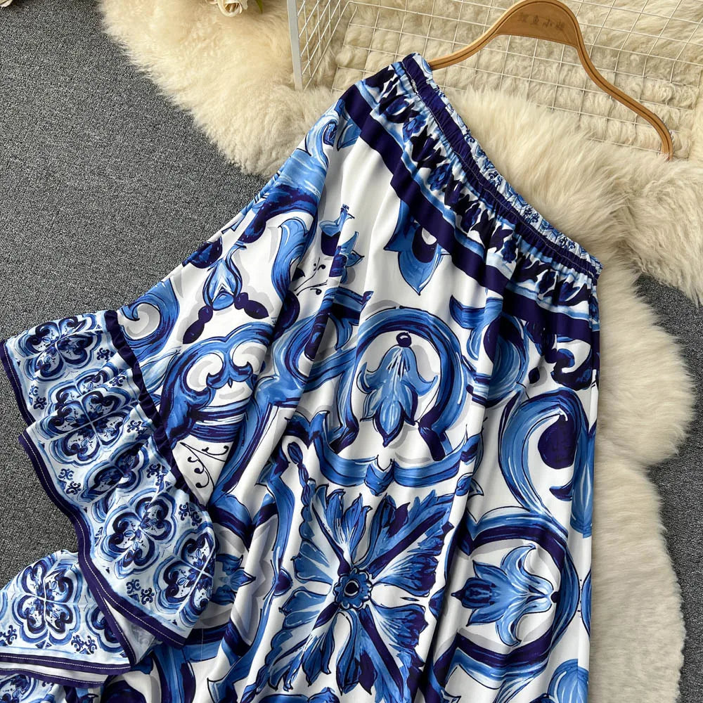 2023 New Summer Women's Bohemian Asymmetry Long Dress - Off Shoulder Blue & White Porcelain Print Ruffled Hem Loose Maxi Dress | Beach Wedding, Vacation, Party Wear