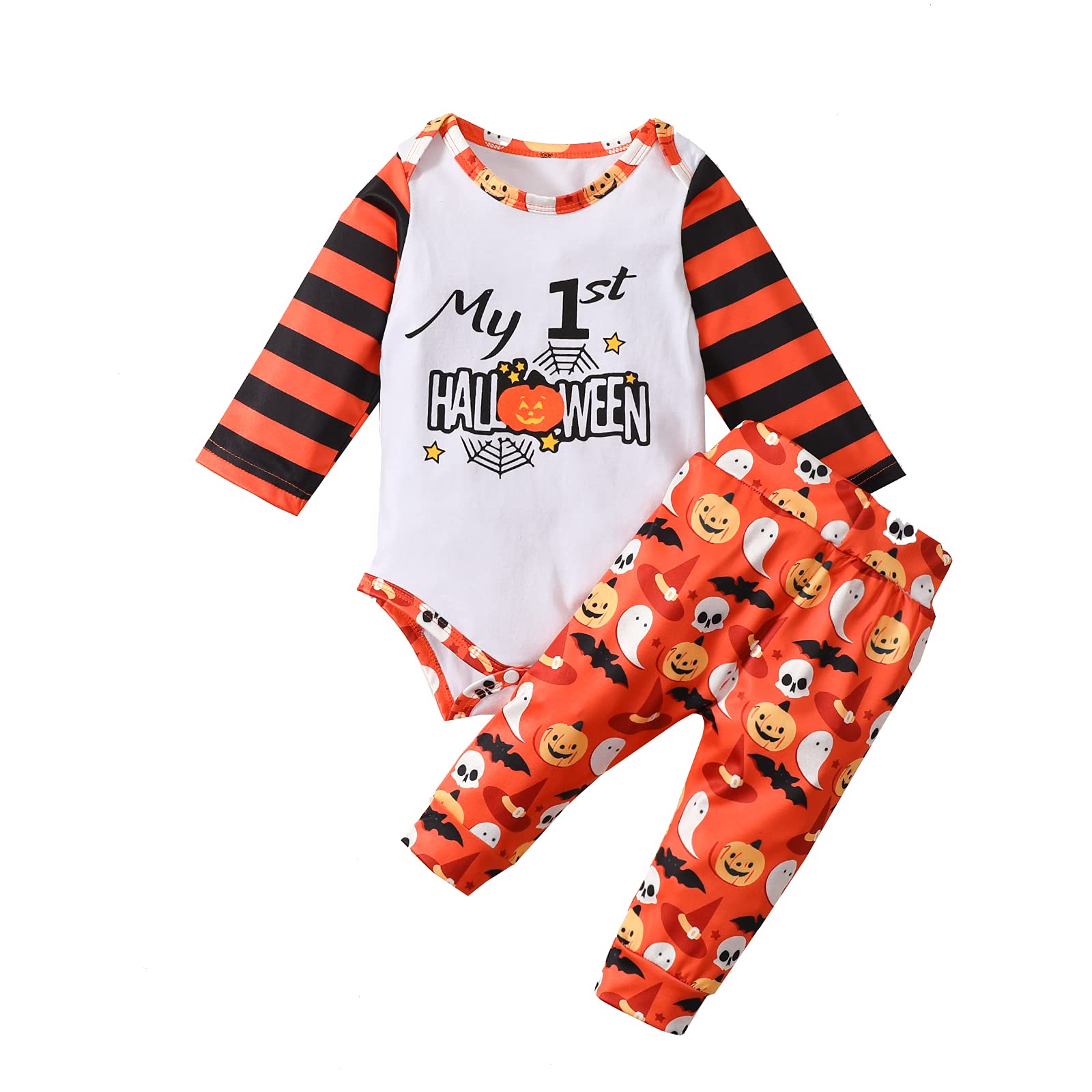 My 1st Halloween Outfit for Newborn Baby Boy & Girl - 2Pcs Long Sleeve Romper Top & Pumpkin Pants Set | Perfect for Halloween Photoshoots, Trick-or-Treating & Fall Family Gatherings