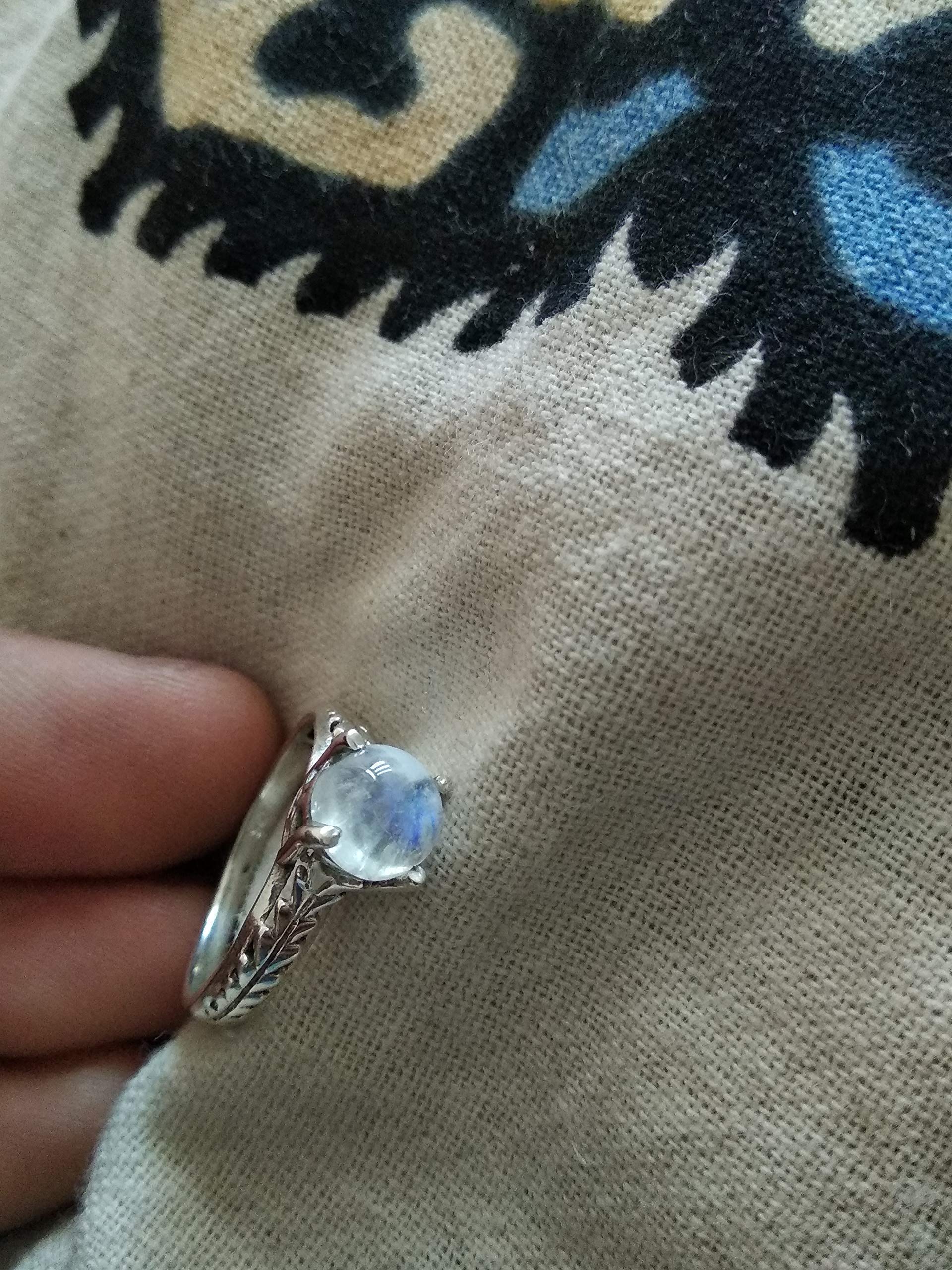 Moonstone Ring - 925 Sterling Silver Prong Solitaire Ring with Genuine Healing Crystal | Dainty Blue Flashy Vintage Jewelry | Christmas Gift for Her, Birthday Present, Anniversary Jewelry, Spiritual Healing Accessory