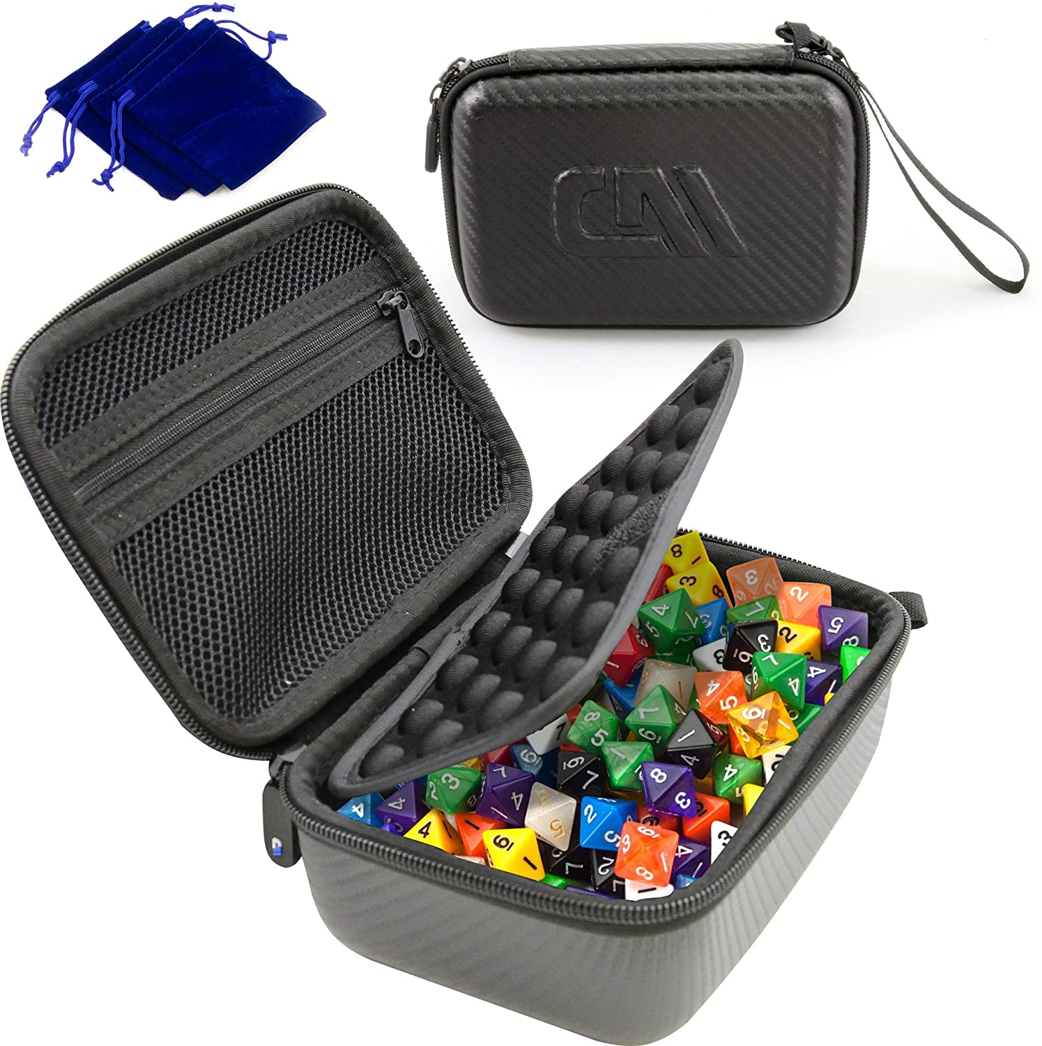 CASEMATIX Hard Shell Travel Dice Case for 100+ RPG & DND Dice - Padded Interior Divider & Wrist Strap - Protective Storage Box for Tabletop Gaming, Dungeons & Dragons, MTG Accessories - Perfect for Gamer Travel & Game Nights