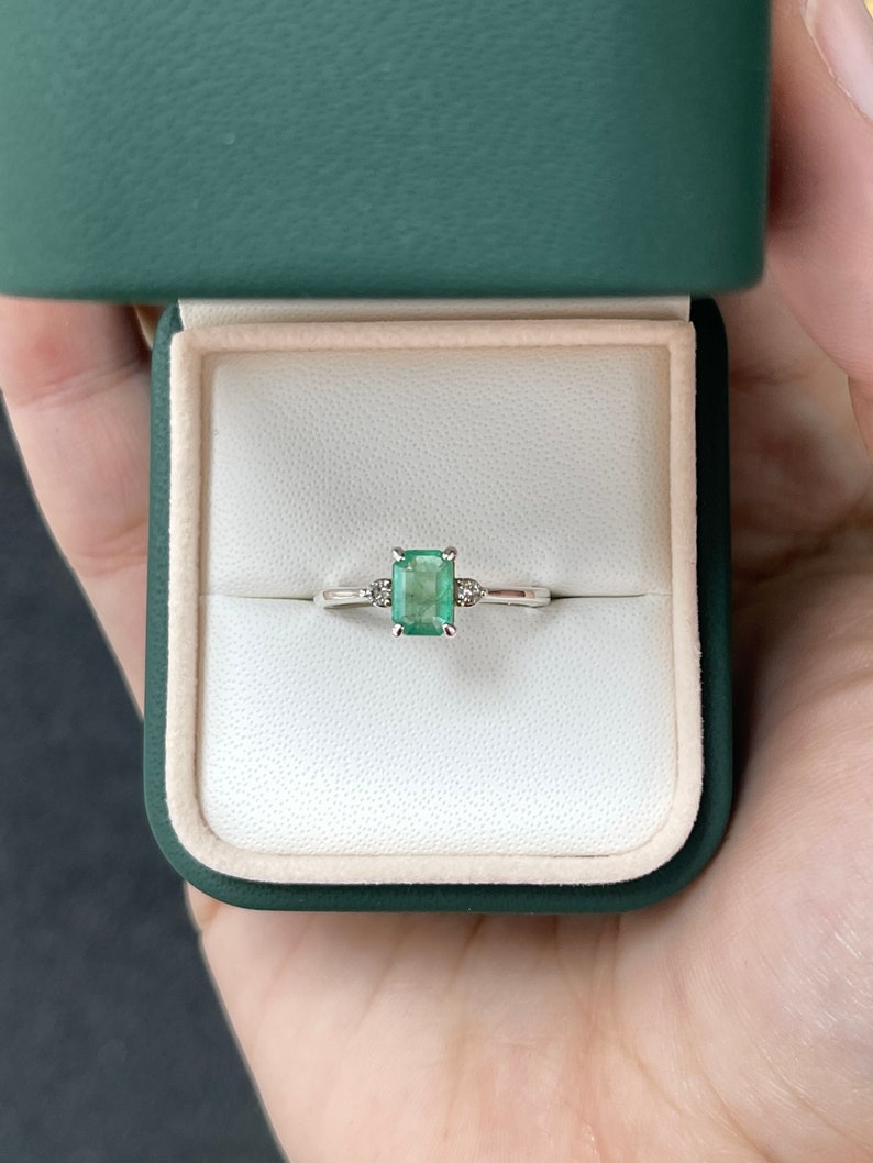 0.98tcw SS Natural Medium Green Emerald Cut Brilliant Round Diamond 3 Stone Sterling Silver 925 Ring for Women - Elegant Jewelry Gift for Anniversary, Engagement & Special Occasions