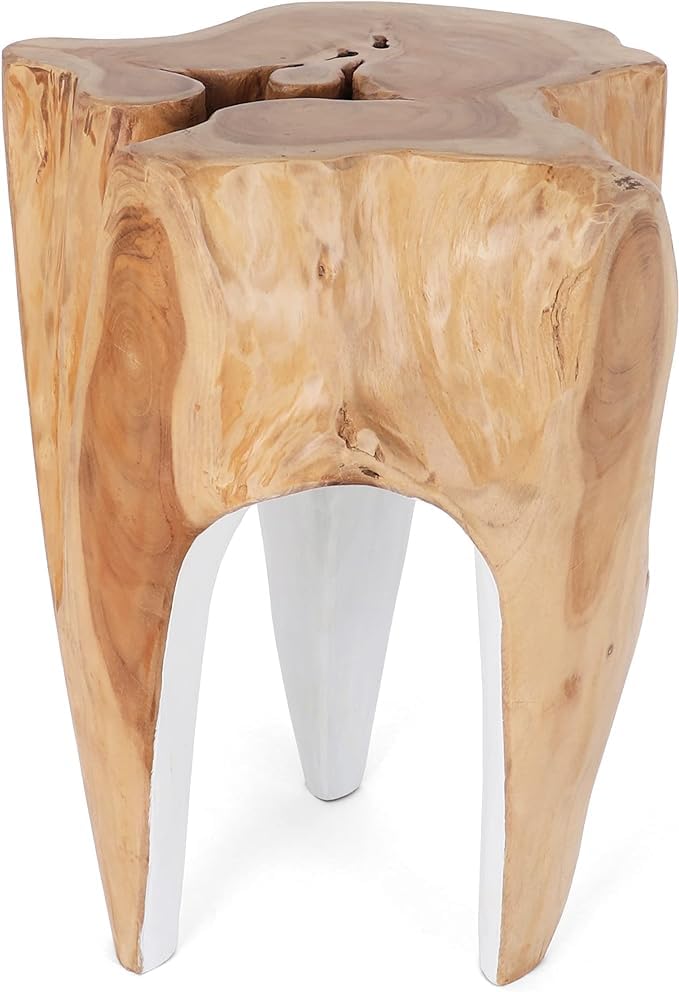 Rutledge & King Java Teak Root Stool - Handcrafted Wooden Boho Side Table & Accent Stool - Natural Tree Stump Pedestal for Living Room, Bedroom, or Outdoor Decor - White Teak Finish