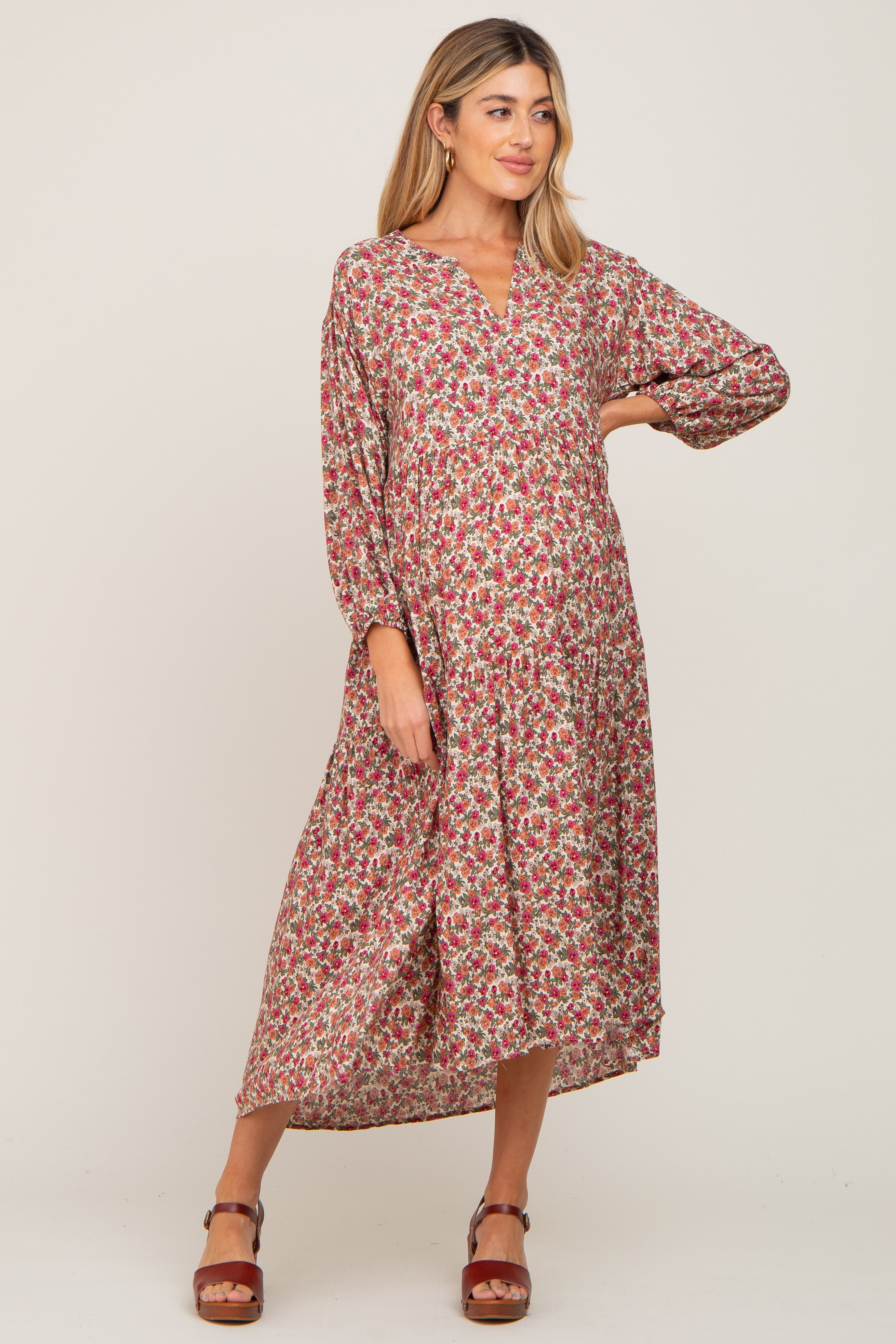 Beige Floral Maternity Tiered Midi Dress for Women - Comfortable Pregnancy Dress for Baby Shower, Wedding & Everyday Wear