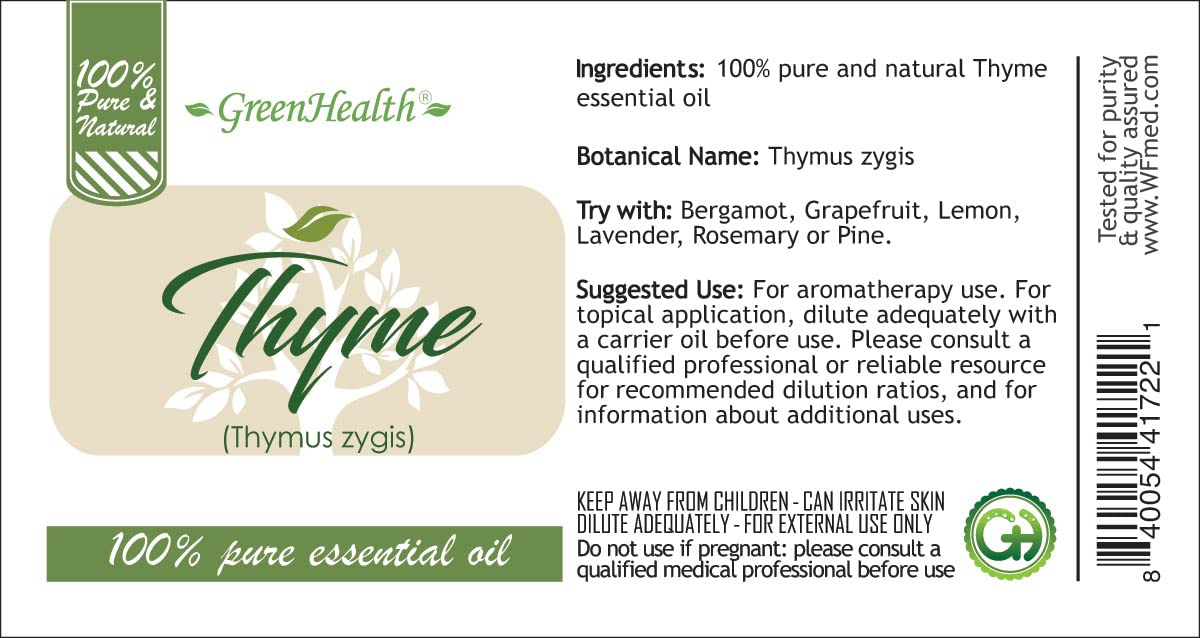 100% Pure Thyme Essential Oil – 1/3 fl oz (10 ml) Amber Glass Bottle – Natural Aromatherapy Oil for Diffusers, Massage & Skin Care – GreenHealth
