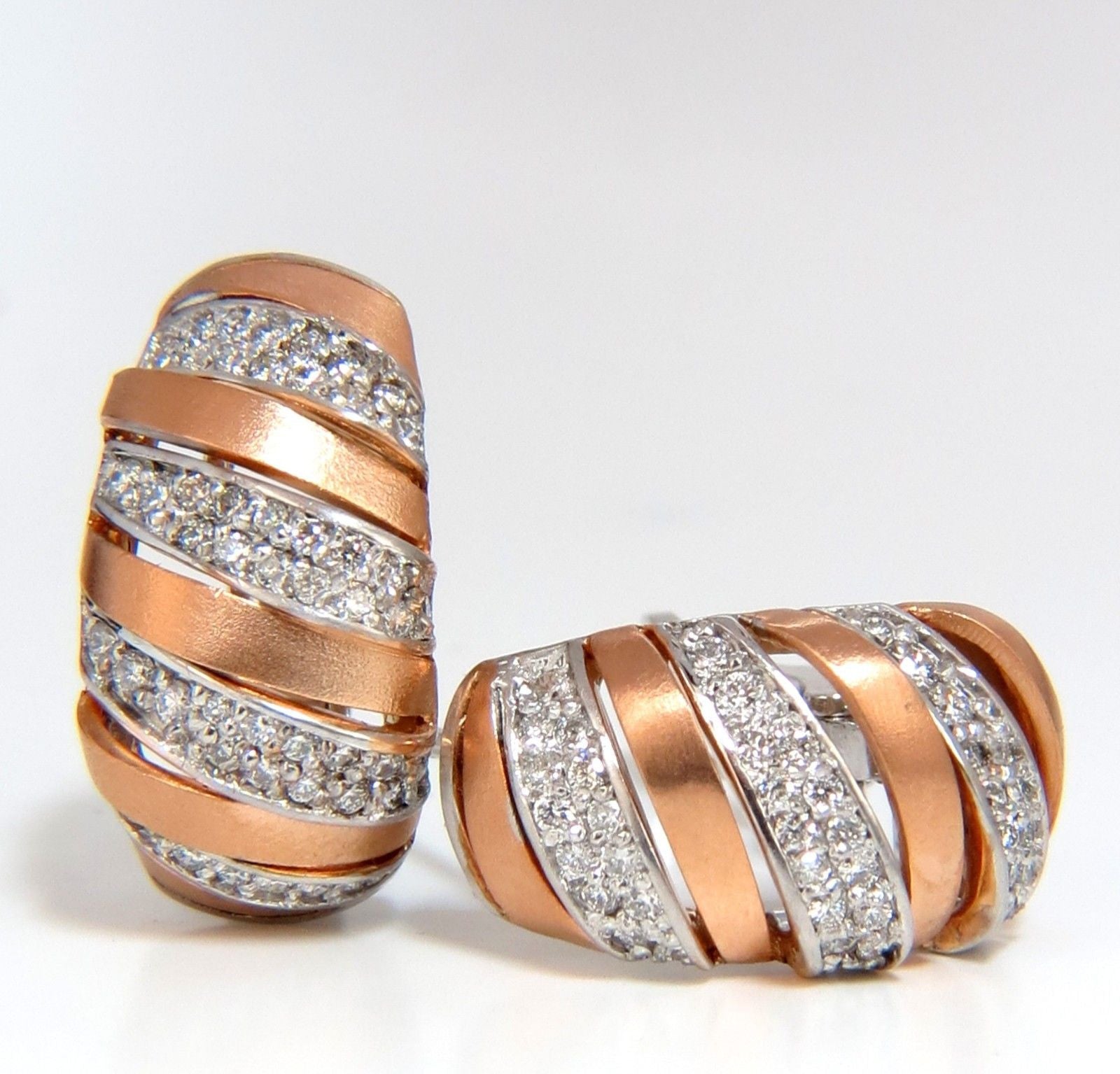 1.00CT Natural Diamonds Hoop Earrings 14K Rose Gold G/VS 3D Slant Striped Design - Perfect for Weddings, Parties & Everyday Elegance