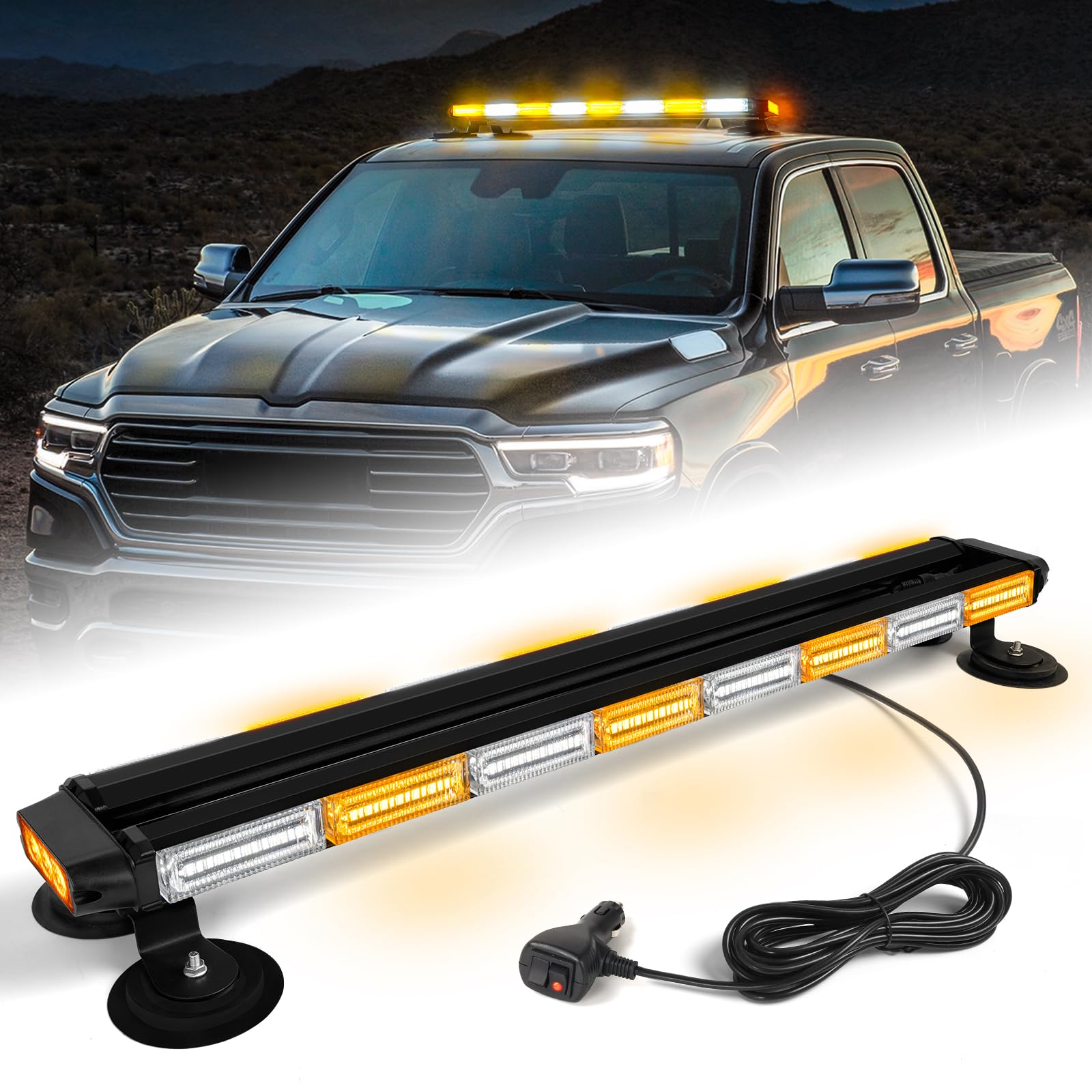 34 Inch 166 LED Emergency Strobe Light Bar - Amber/White Flashing Warning Light with Magnetic Base for Trucks, Snow Plows & Work Vehicles | Construction, Tow, Pickup Safety & Traffic Control | Durable Rooftop Hazard Light for Roadside Emergencies & Night Visibility