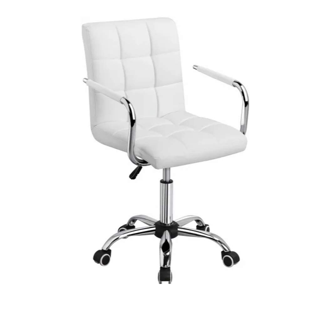 Modern Mid-Back PU Leather Office Chair with Adjustable Height, Wheels & Armrests - Ergonomic Computer Desk Chair for Home Office, Kitchen Counter or Bar (White) - Perfect for Long Work Sessions & Small Spaces