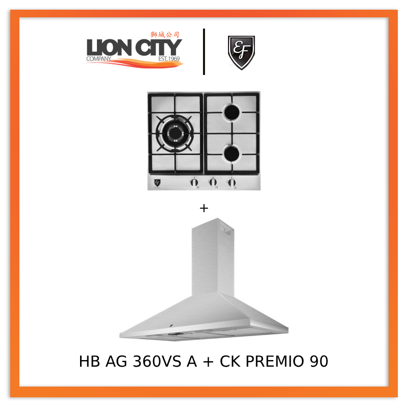 EF CK Premio 90 Stainless Steel Chimney Hood with EF HB AG 360VS A 58cm Built-in Gas Hob - Modern Kitchen Ventilation System for Home Cooking & Baking
