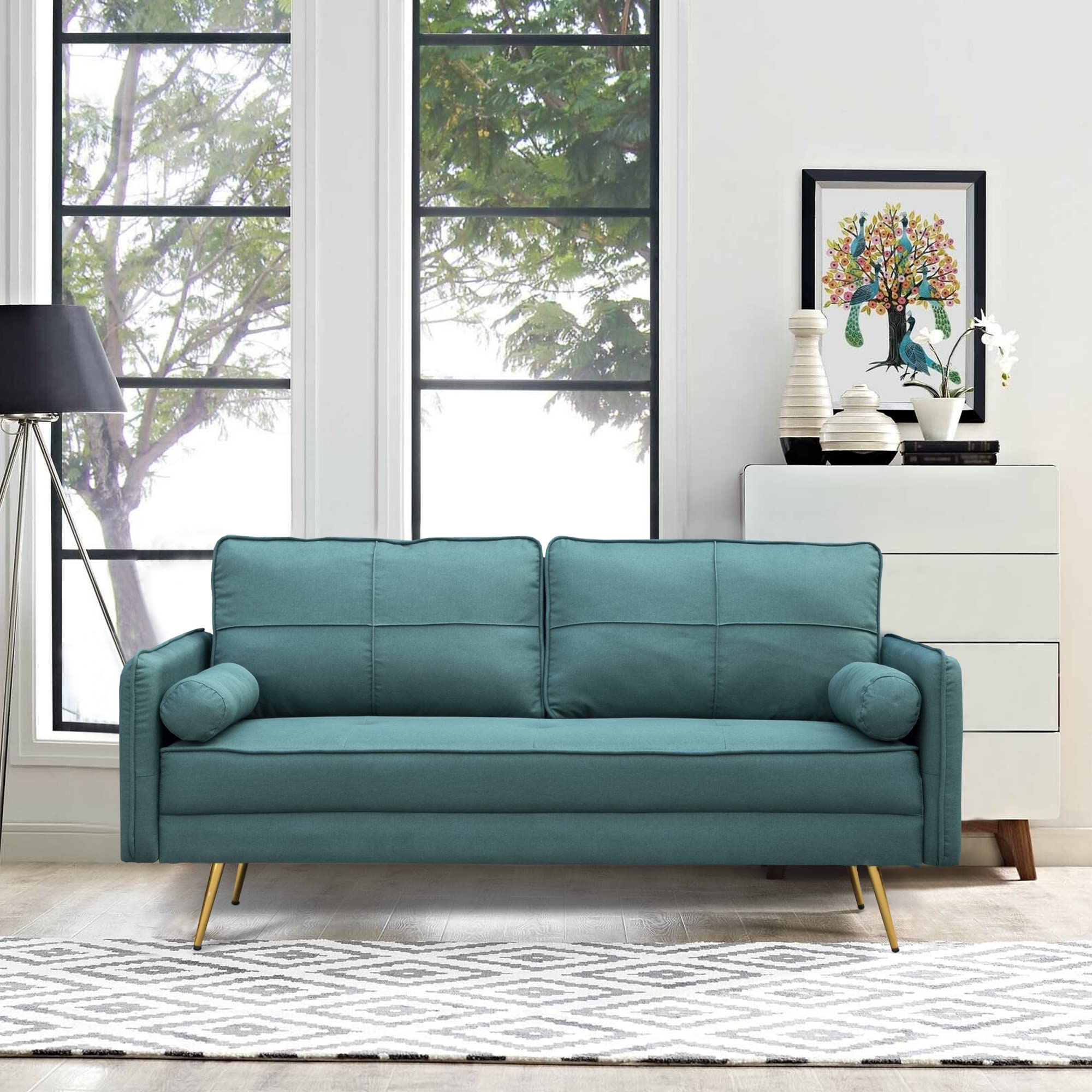 Luxury Modern Velvet Sofa Tufted Couch with Bolsters & Metal Legs - Green Upholstered Loveseat for Living Room, Bedroom, Apartment | Cozy Seating for Relaxing, Entertaining & Small Space Decor