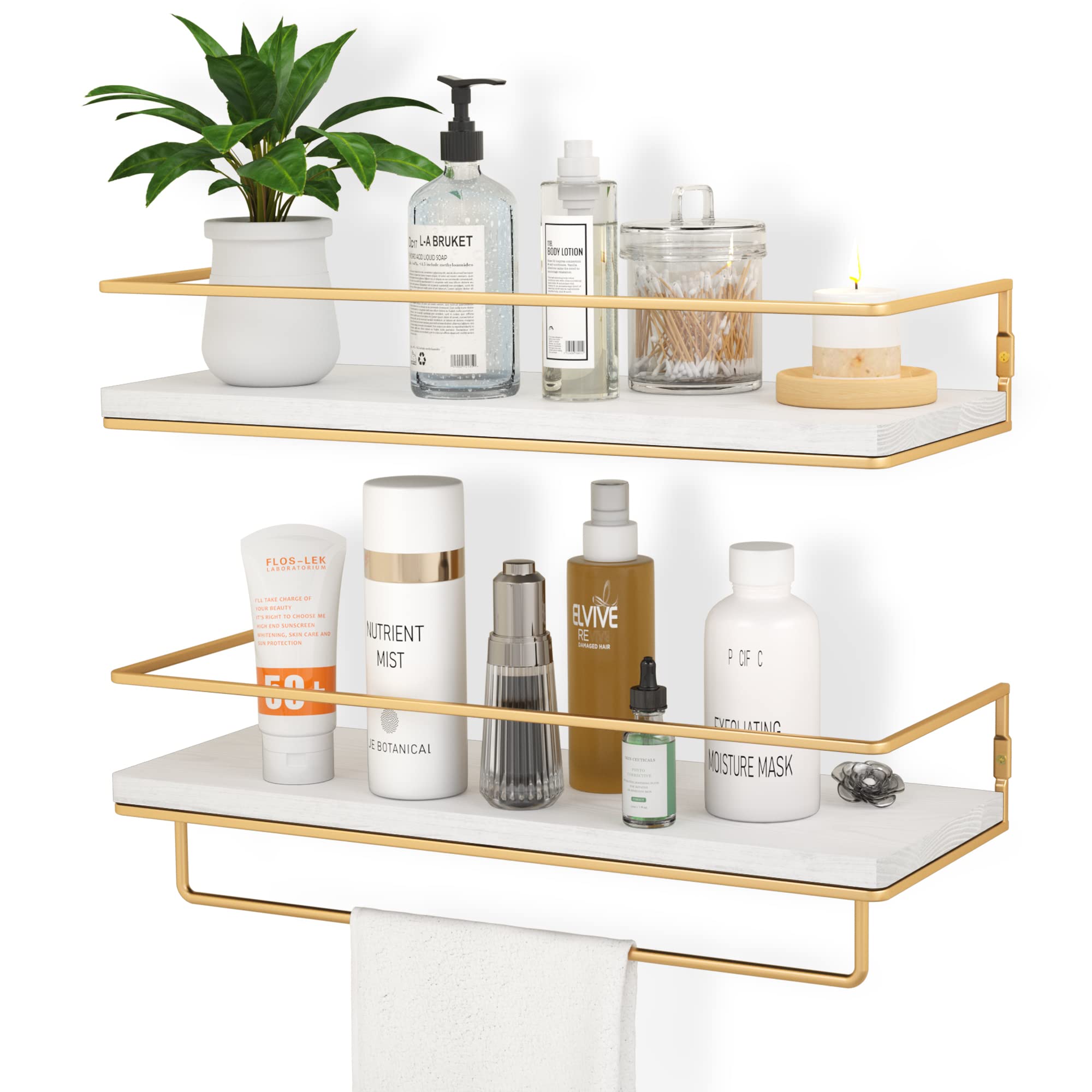 White Floating Shelves with Gold Towel Rack - Wall Mounted Storage Shelves for Bathroom, Kitchen & Bedroom - Set of 2 - Perfect for Organizing Towels, Decor & Essentials in Small Spaces