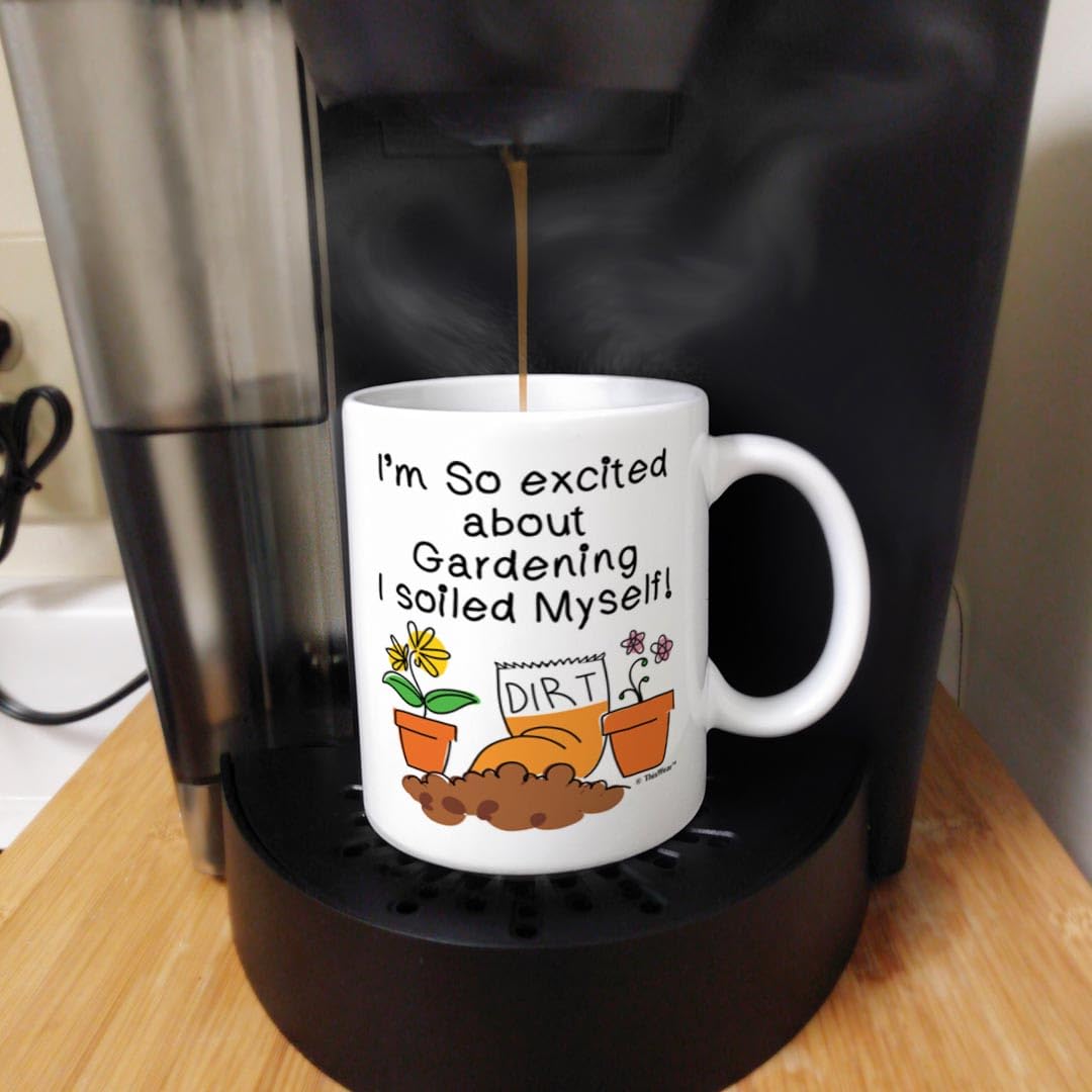 Funny Gardening Gift Set - 2 Pack 11oz Ceramic Coffee Mugs with 'So Excited About Gardening Soiled Myself' Design - Perfect for Gardeners, Plant Lovers & Outdoor Enthusiasts - Great for Morning Coffee, Garden Breaks & Gift Giving