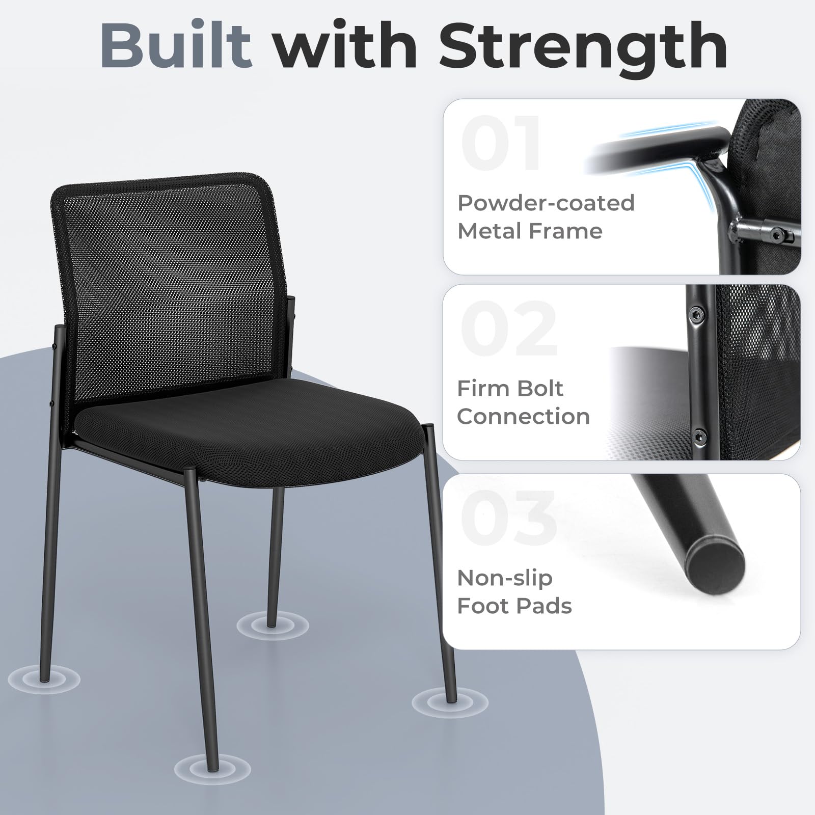 GOFLAME Stackable Conference Chairs with Breathable Mesh Back & Padded Seat - 2 Pack Office Waiting Room Chairs for Reception, Lobby, Meeting Room & Executive Workspace - Comfortable Armless Side Chairs for Professional Settings
