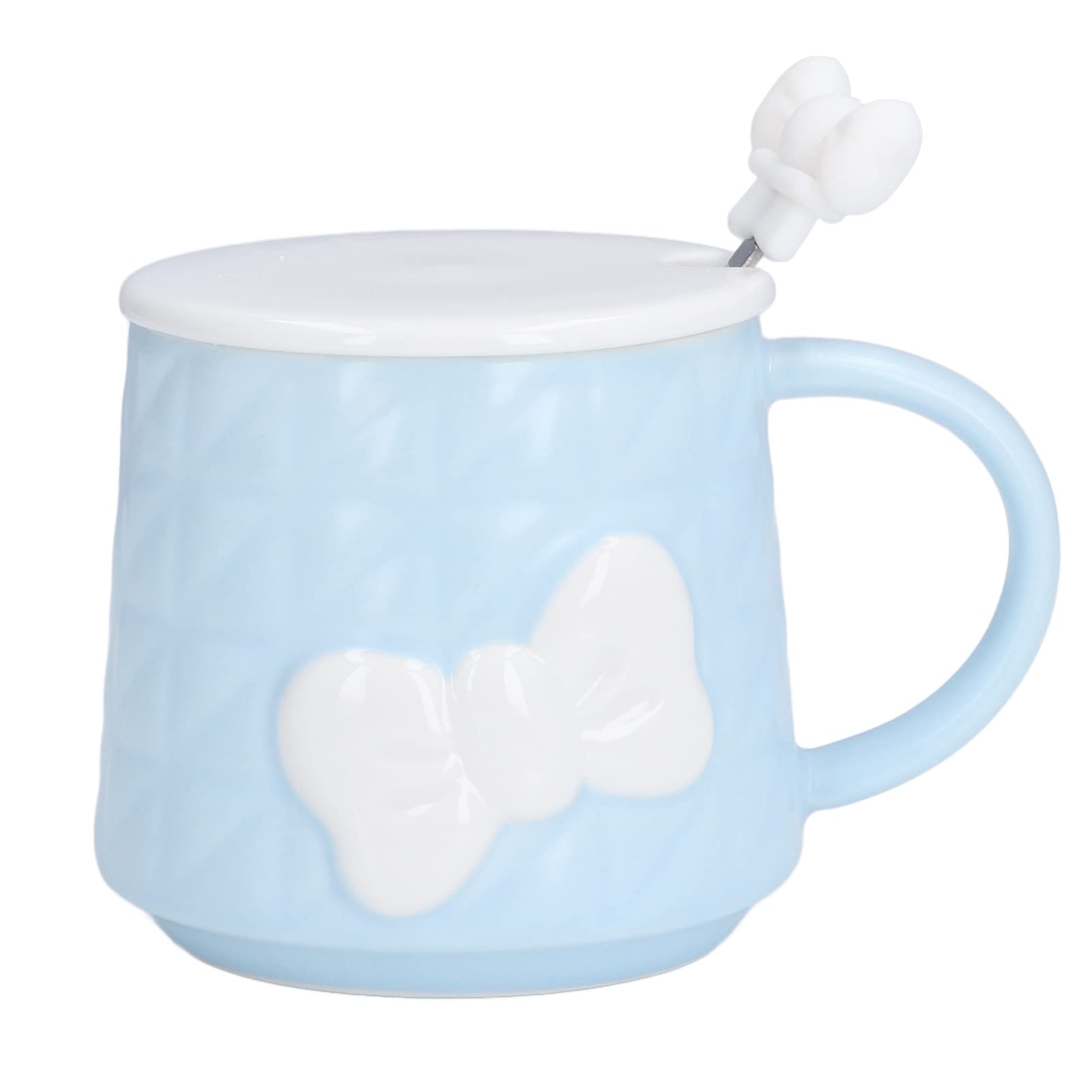 Ceramic Coffee Mug with Lid & Stainless Steel Spoon - 400ml Cute Bowknot Tea Cup for Coffee, Milk & Water - Home & Office Use (Blue)