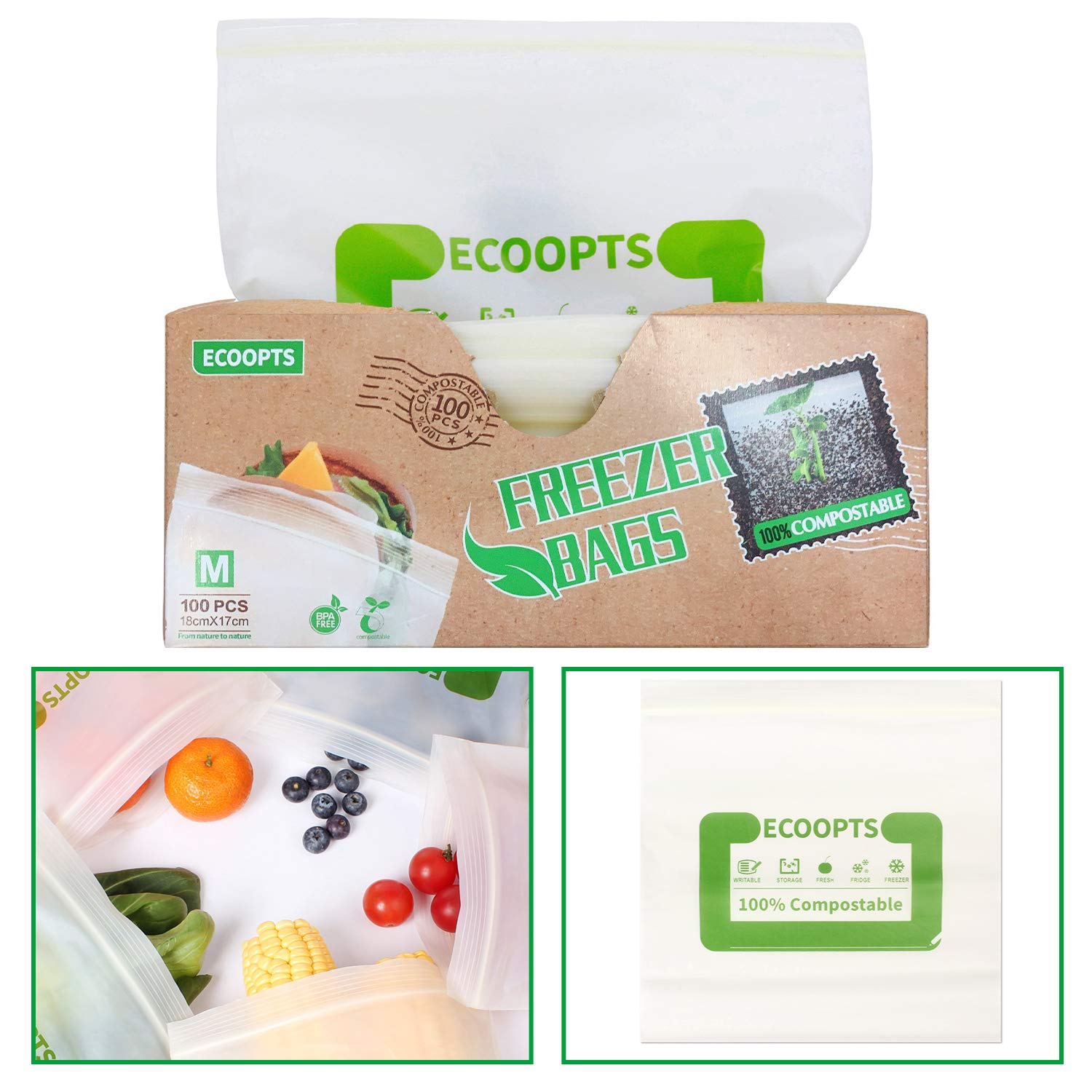 ECOOPTS 100% Compostable Sandwich Bags - 100 Count Extra Strength Freezer-Safe Food Storage Bags (7x6.7 Inch) | Plant-Based Reusable Zip Bags for Lunch, Meal Prep & Snacks | Eco-Friendly Kitchen Essentials