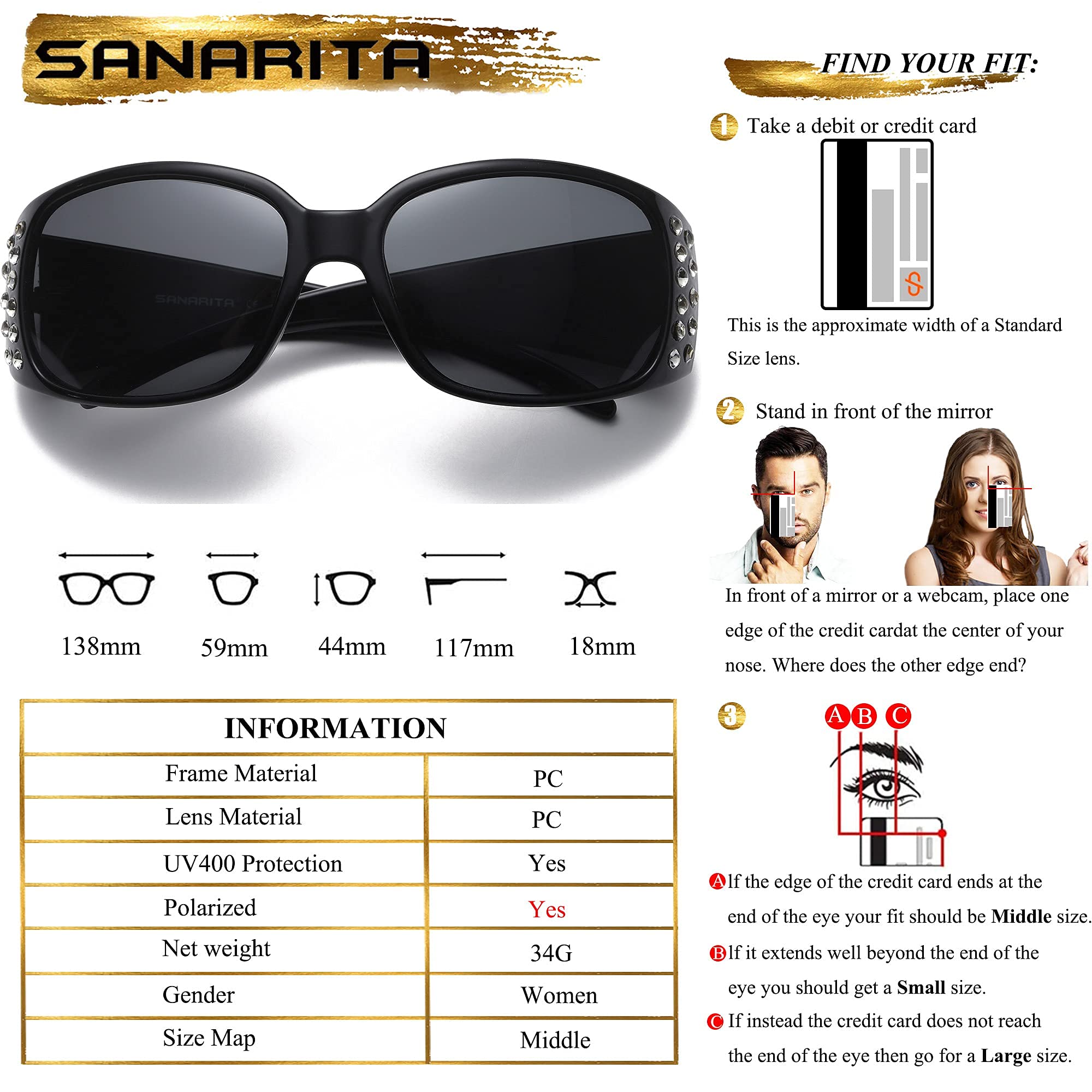 Stylish Polarized Sunglasses for Women - Rhinestone Bling Oval UV Protection Shades for Driving, Shopping & Outdoor Activities