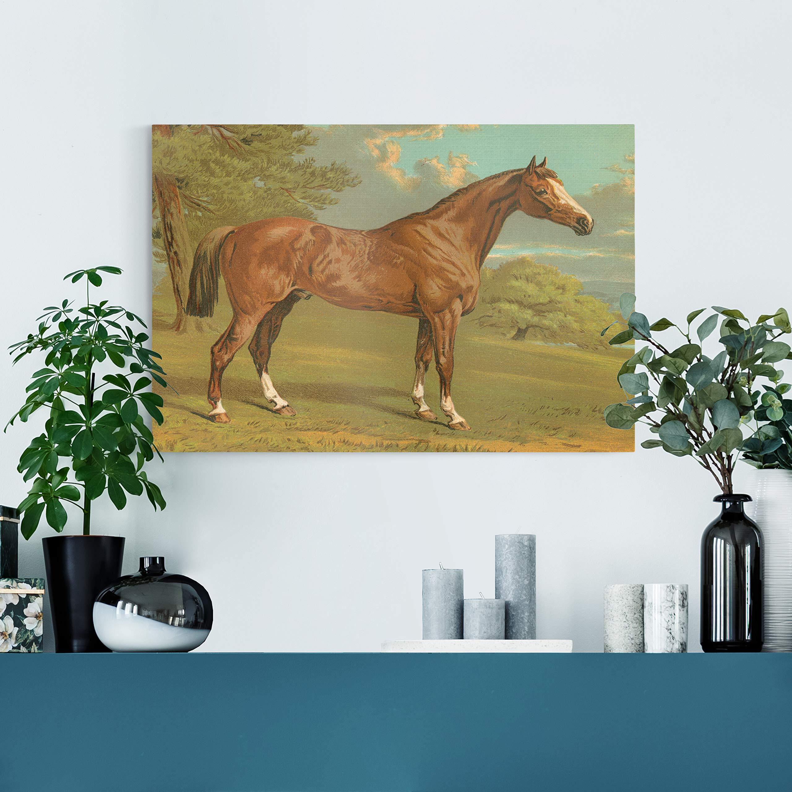 Premium Gallery Wrapped Canvas Wall Art - Handsome Brown Horse in Green Grass & Blue Sky | 32x48 Inches | Ready to Hang | Made in USA | Perfect for Living Room, Bedroom & Office Decor