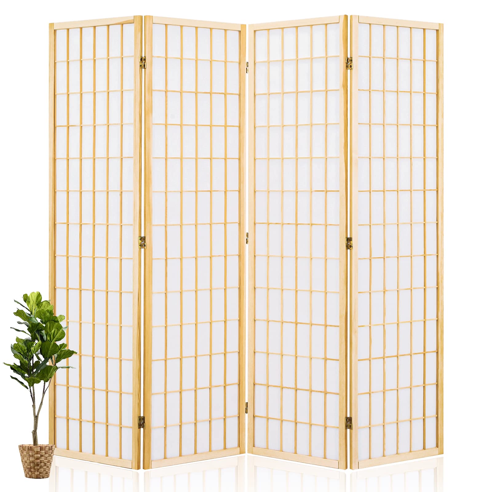 Japanese Style 4 Panel Room Divider - 5.6 Ft Natural Shoji Folding Screen for Home Office, Bedroom Privacy & Asian Decor