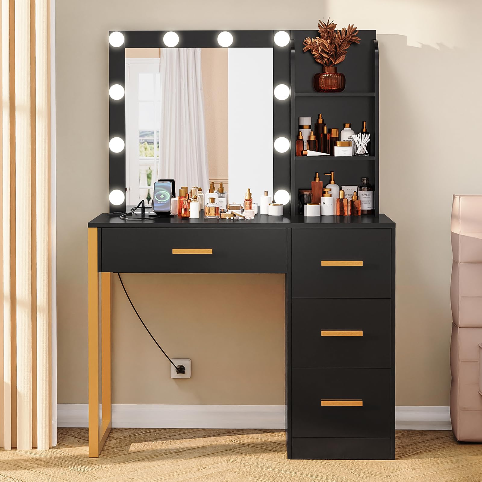 Elegant Makeup Vanity Desk with LED Lights & Mirror, 4 Drawers & USB Charging Station, Dressing Table with Open Storage Shelves & 3 Color Modes - Perfect for Bedroom, Home Salon & Beauty Room (Black)