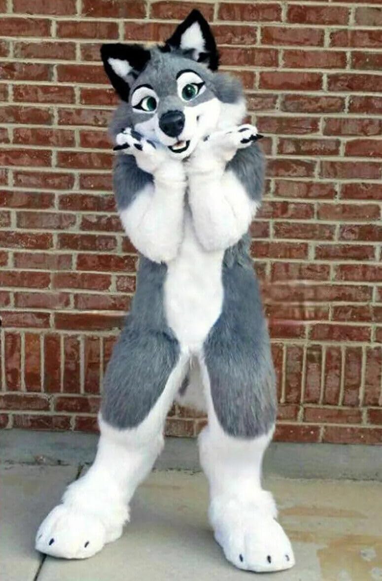 Premium Grey & White Long Fur Husky Dog Wolf Fox Fursuit Costume - Realistic Mascot Outfit for Cosplay, Halloween, and Furry Conventions