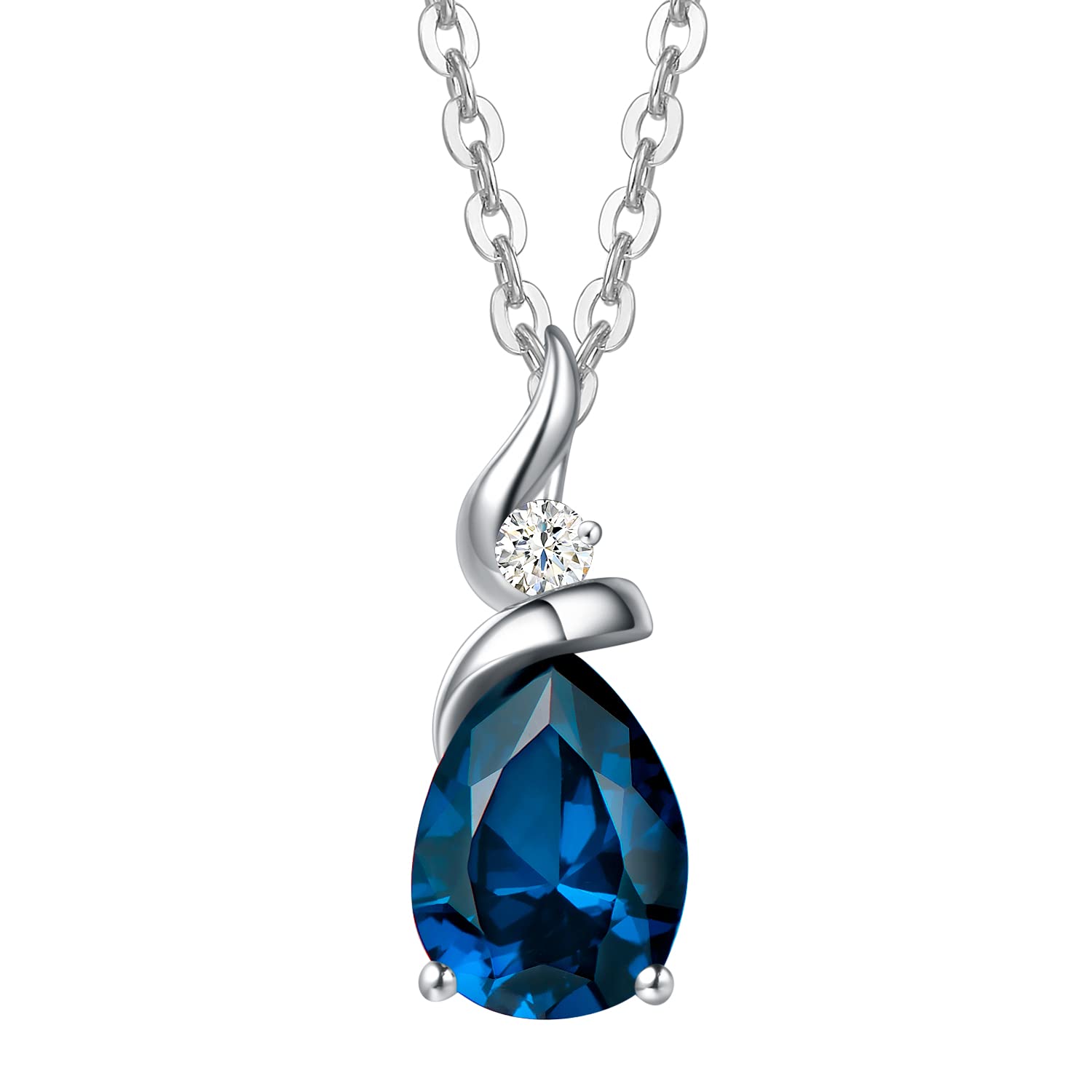 14K Solid White Gold Birthstone Pendant Necklace for Women | Diamond Pear Shaped Teardrop Necklace | Birthday Gift for Mom, Wife, Daughter | Genuine & Created Gemstones with 16