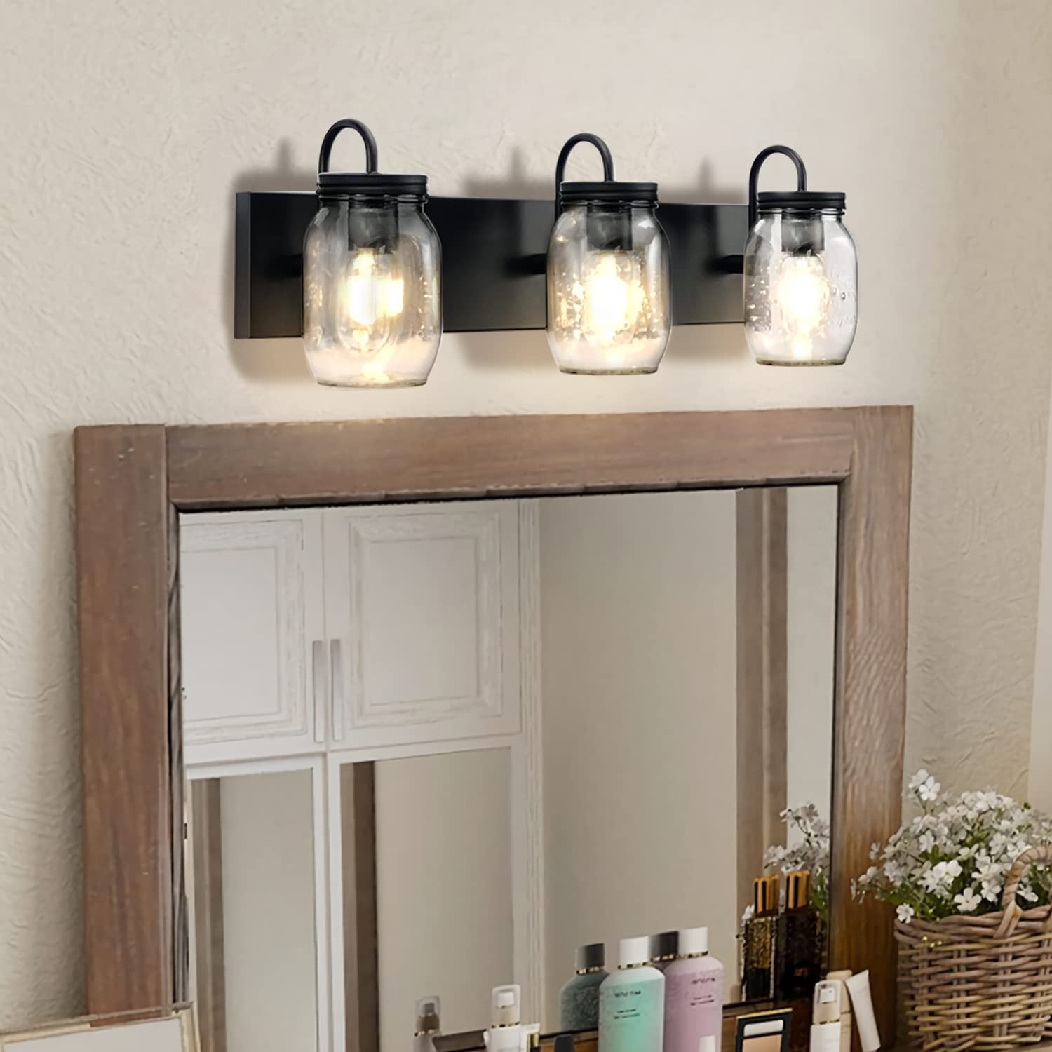 Vanity Glass Wall Lights - Mason Jar Black Wall Sconce for Bathroom, Farmhouse Decor - Perfect for Bathroom Vanity, Bedroom Accent, and Rustic Home Lighting