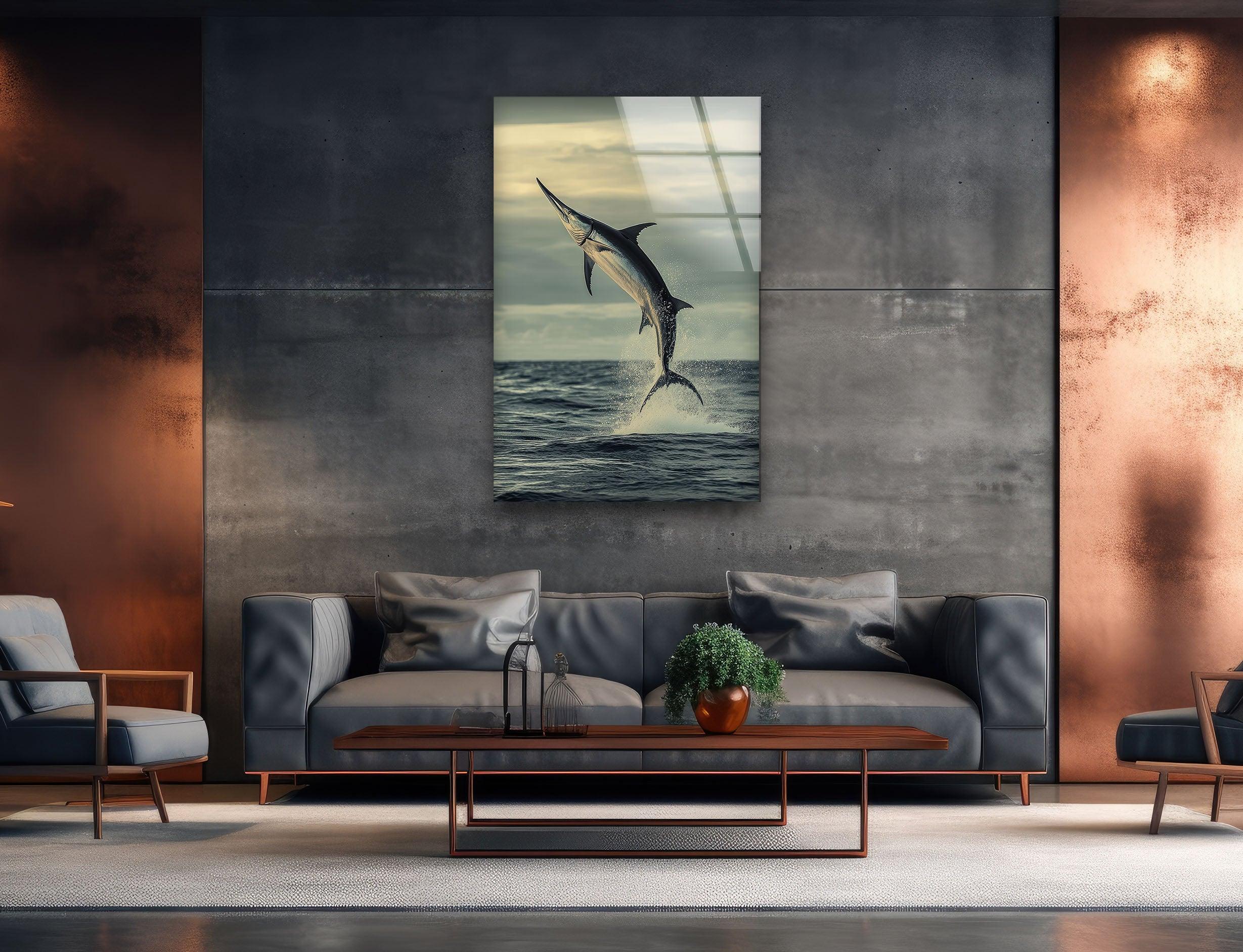 Handcrafted Swordfish Glass Wall Art - Ocean Themed Home Decor for Living Room, Bedroom & Office - Unique Sea Life Gift Idea