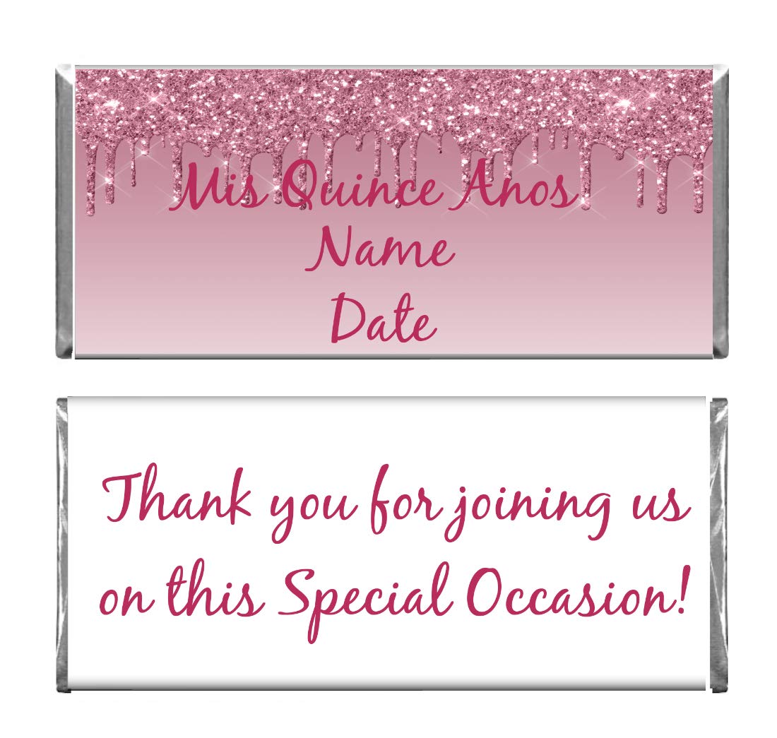 Custom Pink Glitter Quinceañera Chocolate Bar Wrappers & Foils - Personalized Candy Wraps for Sweet 15 Party Favors (24 Pack, Candy Not Included) - Perfect for Quinceañeras, Birthday Parties & Special Celebrations