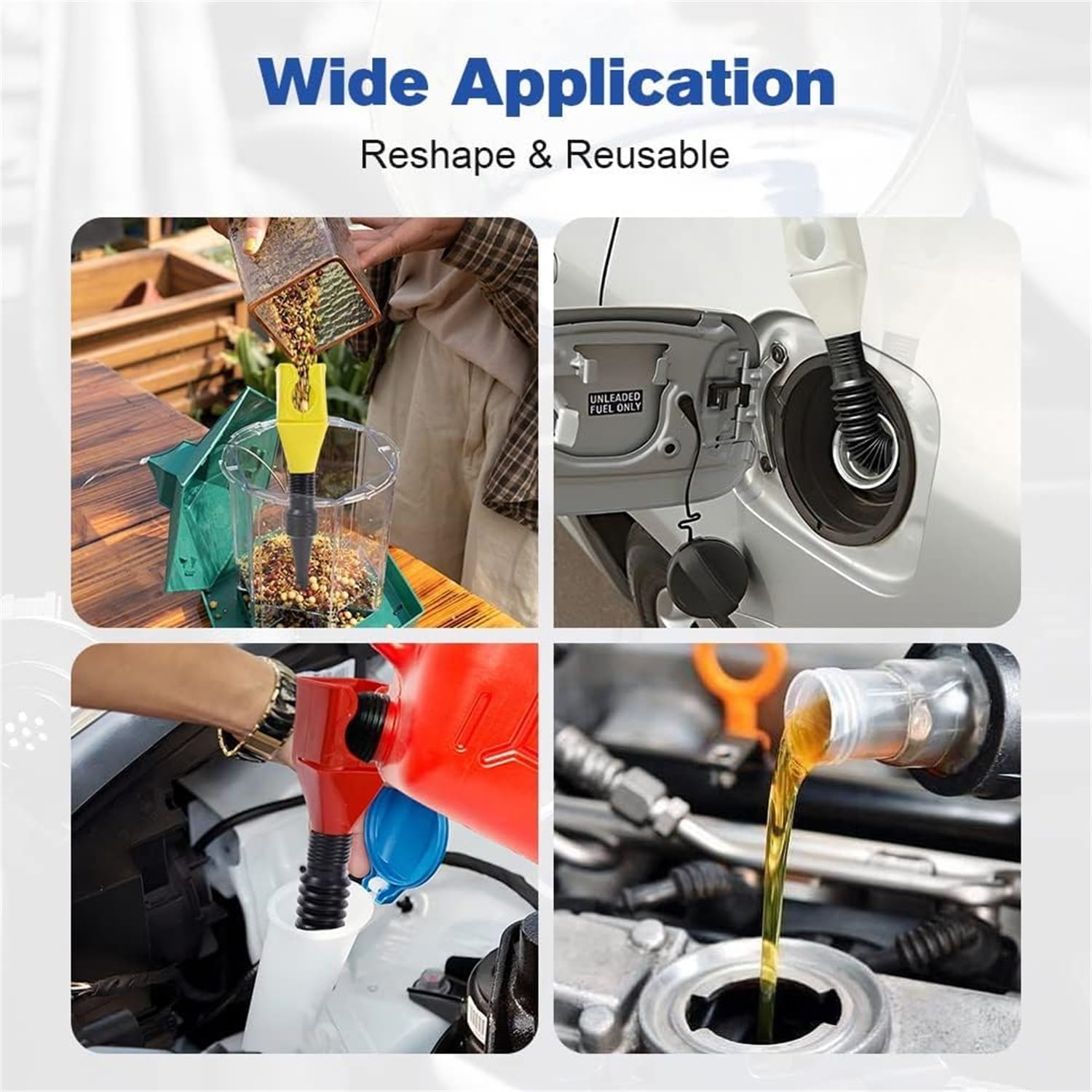 2023 Upgraded Retractable Auto Fuel Funnel - Flexible Snap Design Oil Change Funnel for Cars, Motorcycles & Trucks - Leak-Proof Plastic Gasoline Funnel with Extension Spout (Blue & White) - Perfect for DIY Oil Changes, Fluid Draining & Garage Maintenance