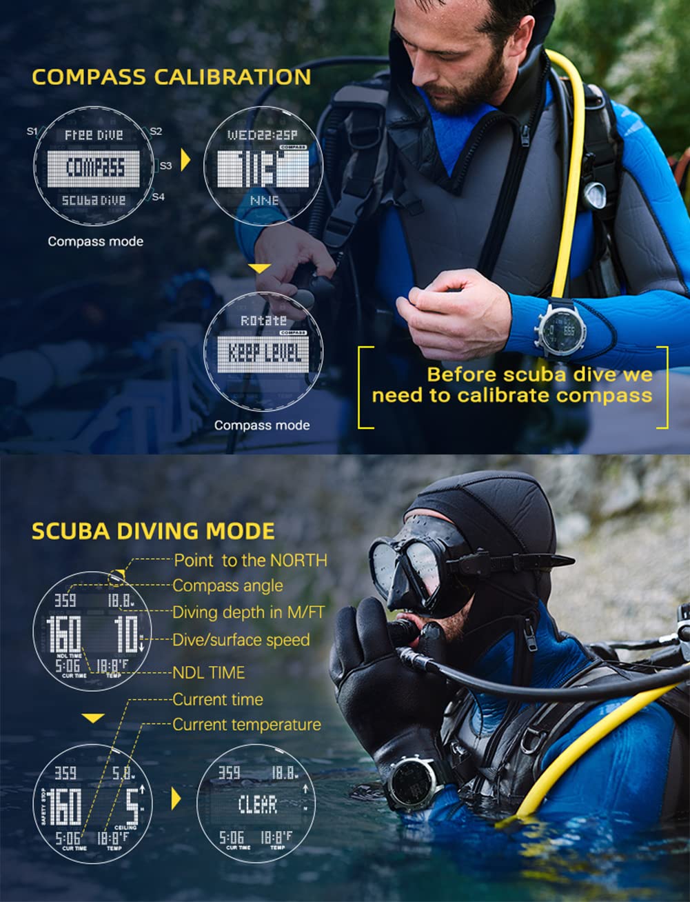 Professional 100M Waterproof Dive Computer Watch for Men - Scuba Diving Digital Wristwatch with Compass, Altimeter, Barometer & Water Temperature Sensor | Perfect for Scuba Diving, Snorkeling, Swimming & Outdoor Water Sports