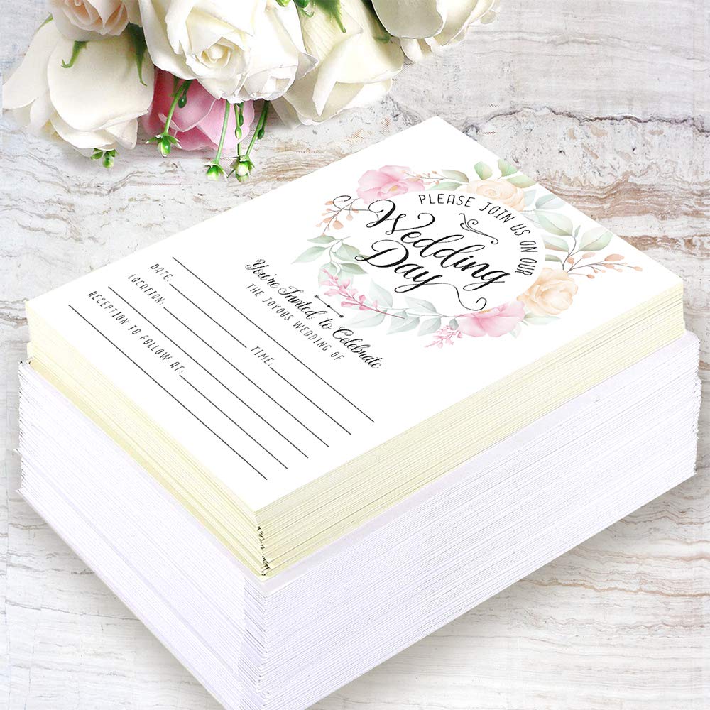 Elegant Pastel Rose Wreath Wedding Invitation Kit - 25 Blank Floral Invitations & Envelopes Set - Minimalist DIY Wedding Stationery for Bridal Shower, Engagement Party & Formal Wedding Events