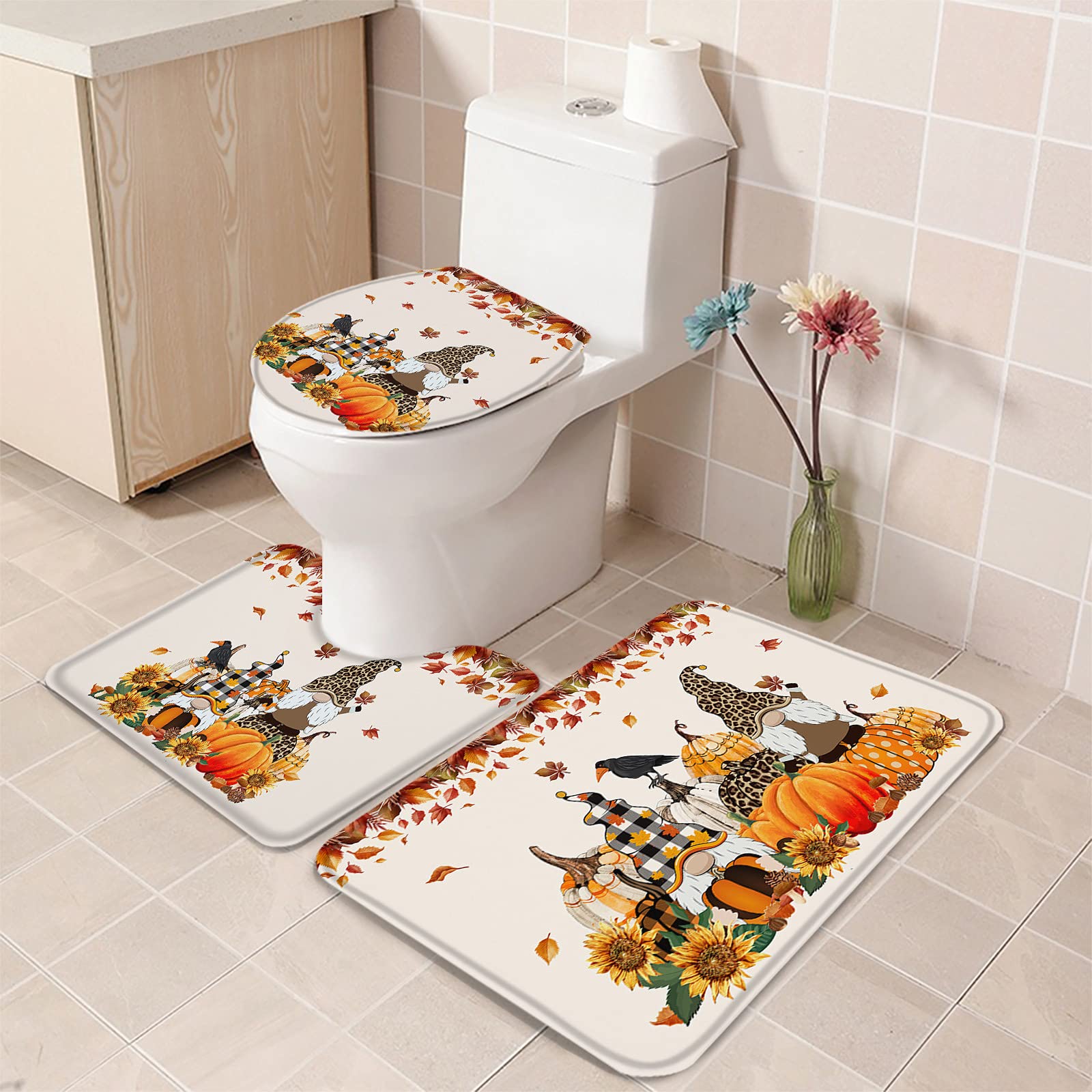3-Piece Bathroom Rug Set - Non-Slip Absorbent Thanksgiving Fall Decor with Cartoon Gnome, Pumpkin & Sunflower Design - Contour Mat & Toilet Cover for Bathroom, Tub & Shower - Perfect for Holiday Home Decor & Cozy Bathroom Upgrades