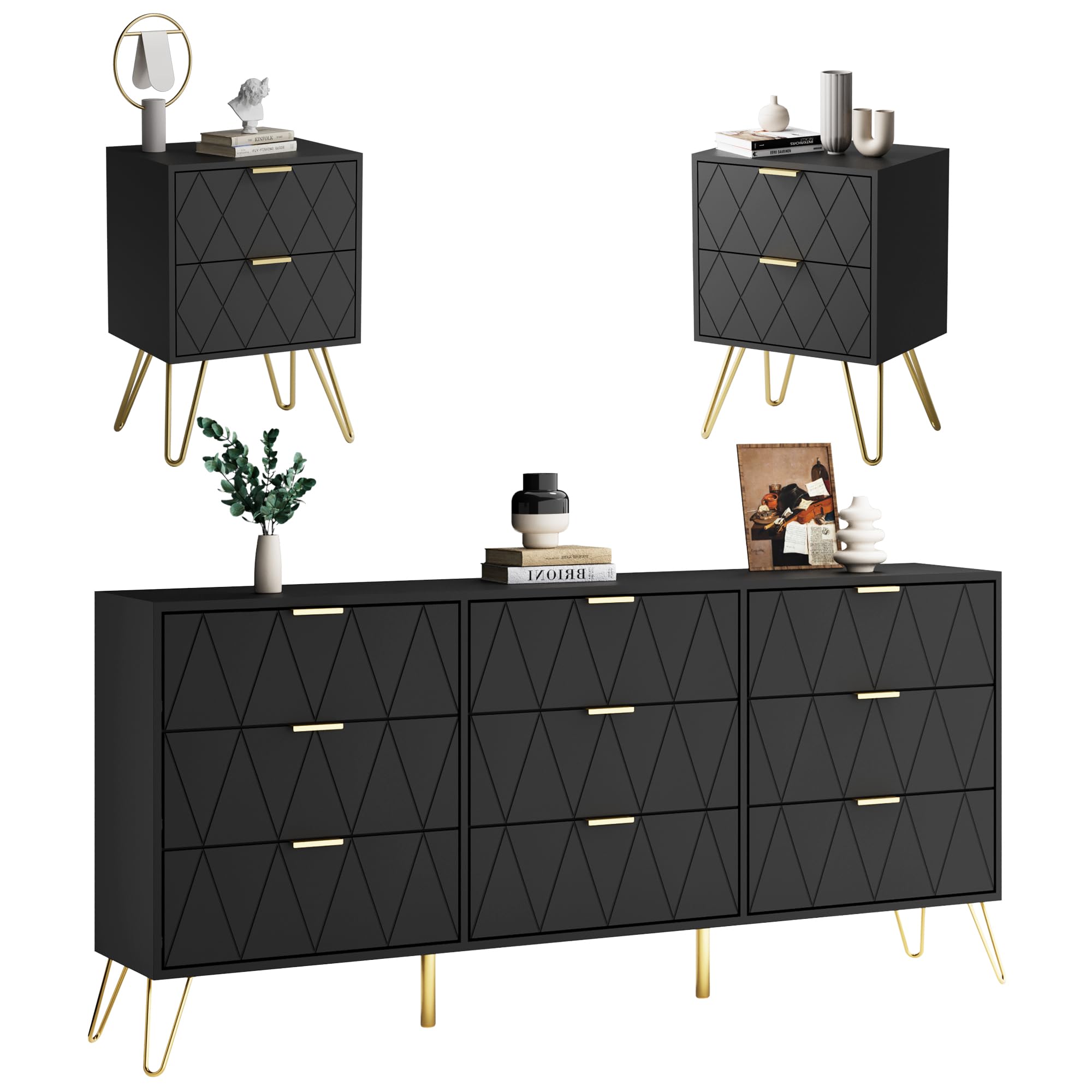 Anbuy 3-Piece Bedroom Furniture Set - 9-Drawer Dresser & 2 Nightstands with 2 Drawers Each, Modern Bedroom Storage Combo in Black - Perfect for Master Bedroom, Guest Room or Apartment Decor
