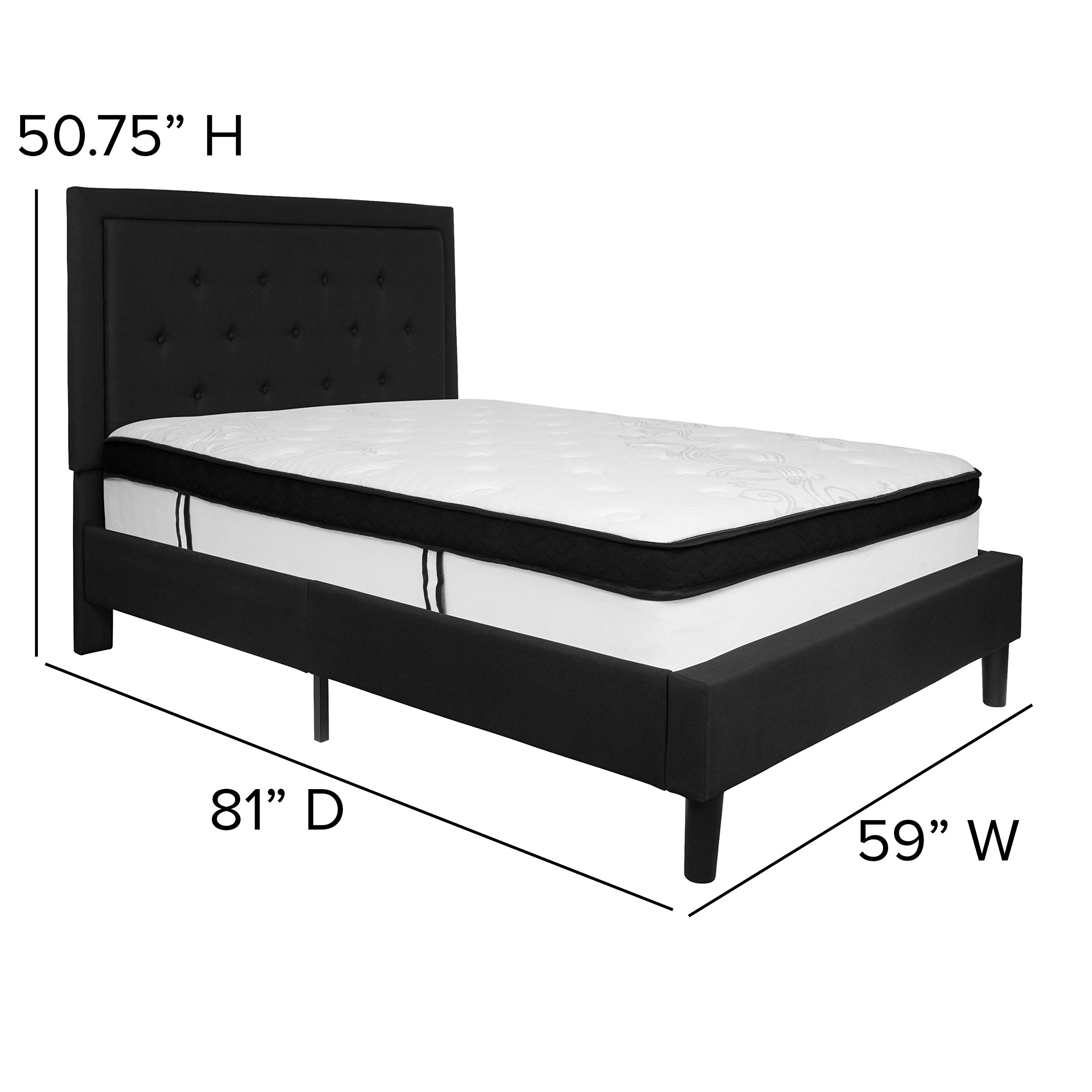 Emma & Oliver Full Panel Tufted Platform Bed with Memory Foam Mattress - Queen Size Black Fabric Bed Frame for Modern Bedroom | Perfect for Master Bedroom, Guest Room & Apartment Sleeping