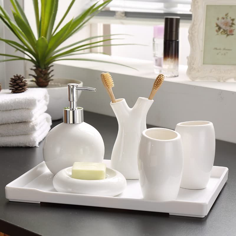 5-Piece Ceramic Bathroom Set - Soap Dish, Toothbrush Holder, Cup, Soap Dispenser & Tray - Elegant Vanity Organizer for Sink Countertop, Spa-Like Shower Decor