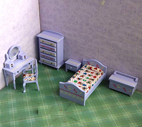 Deluxe Wooden Dollhouse Furniture - Lavender Bedroom Set (6pcs) with Romantic Purple Print & Smooth Edges | Perfect for Miniature Home Decor & Kids Pretend Play