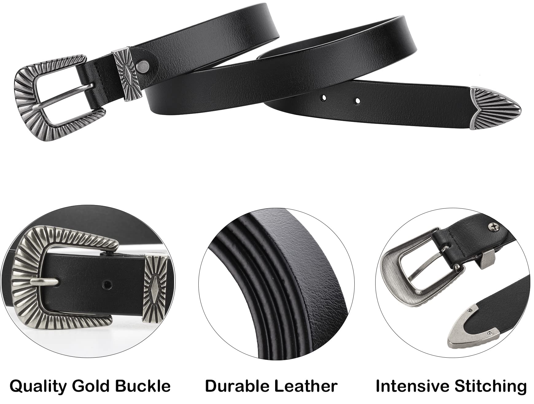 ALAIX Women's Leather Belts with Silver & Gold Buckle - Stylish Black Western Belts for Jeans & Pants | Perfect for Casual Outfits, Office Wear & Western Fashion