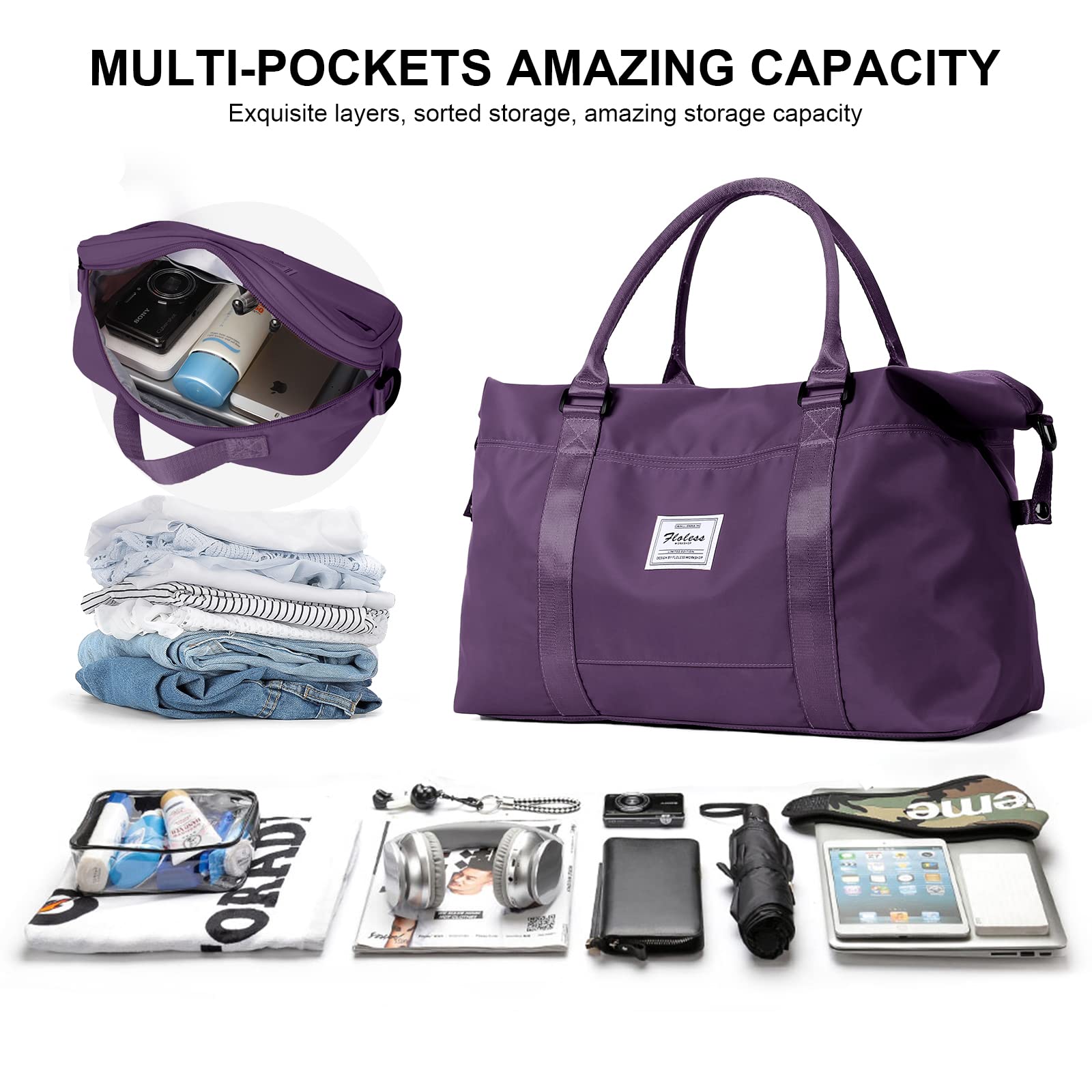 Dark Purple Travel Duffel Bag with Toiletry Pouch - Waterproof Sports Gym Tote & Shoulder Weekender Overnight Bag for Women - Perfect for Gym, Travel, Weekend Getaways & Business Trips