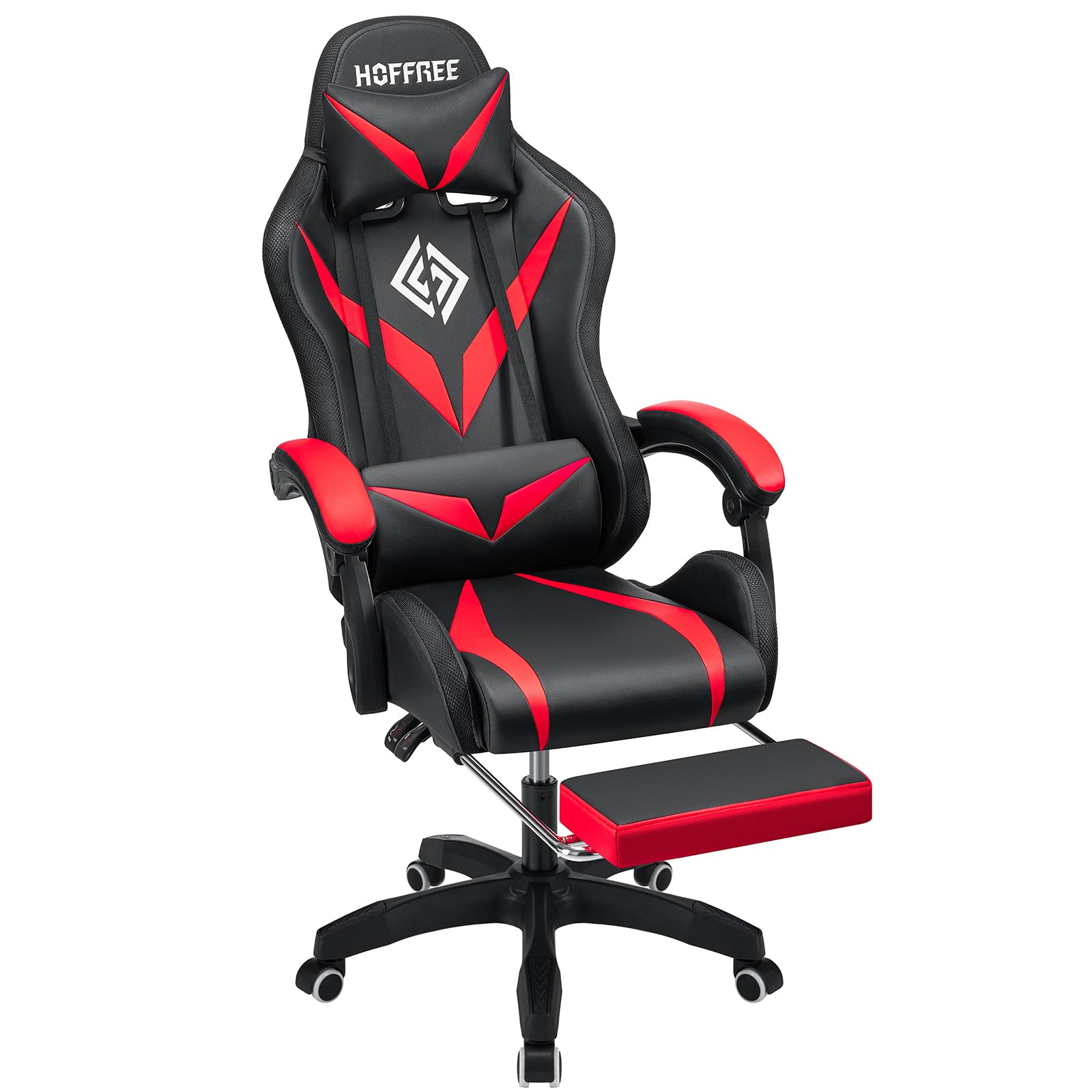 HOFFREE Ergonomic Gaming Chair with Massage, Bluetooth Speakers & LED Lights - High Back Lumbar Support, Adjustable Footrest - RGB Video Game Chair for PC/Console Gaming (Red & Black) - Perfect for Esports, Streaming & Home Office Use